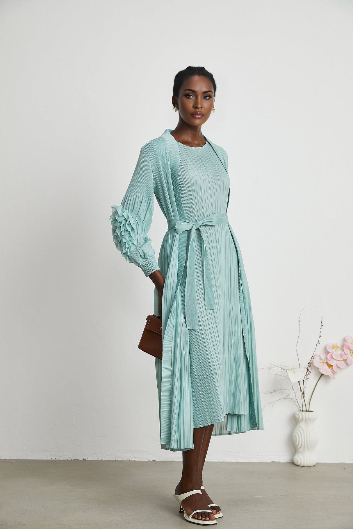 Cynthia Dress & Coat - Long Sleeve Faux - Flower Design - Elasticated Cuffs - Pleated Midi Dress