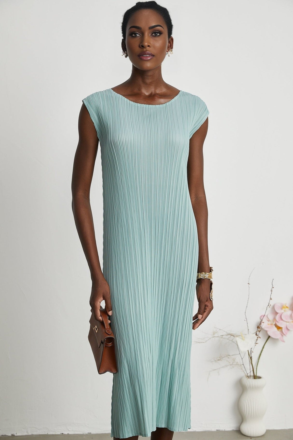 Cynthia Dress & Coat - Long Sleeve Faux - Flower Design - Elasticated Cuffs - Pleated Midi Dress