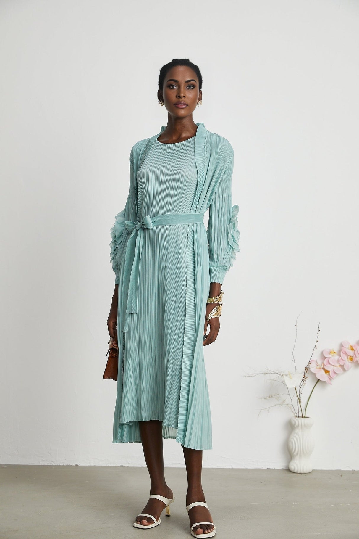 Cynthia Dress & Coat - Long Sleeve Faux - Flower Design - Elasticated Cuffs - Pleated Midi Dress
