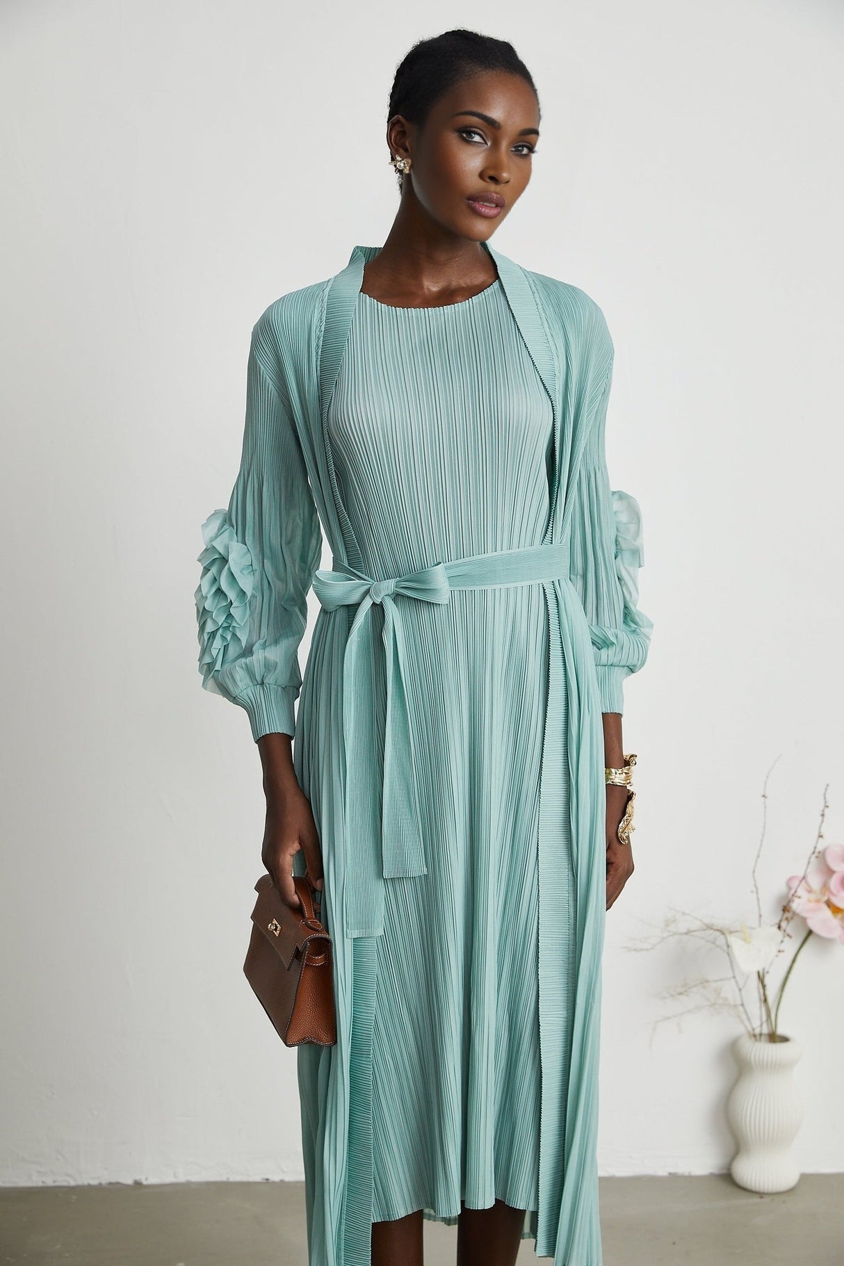 Cynthia Dress & Coat - Long Sleeve Faux - Flower Design - Elasticated Cuffs - Pleated Midi Dress