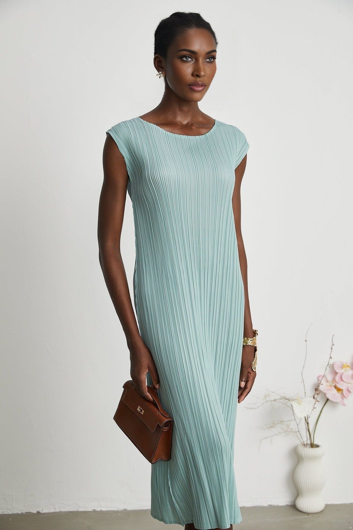 Cynthia Dress & Coat - Long Sleeve Faux - Flower Design - Elasticated Cuffs - Pleated Midi Dress