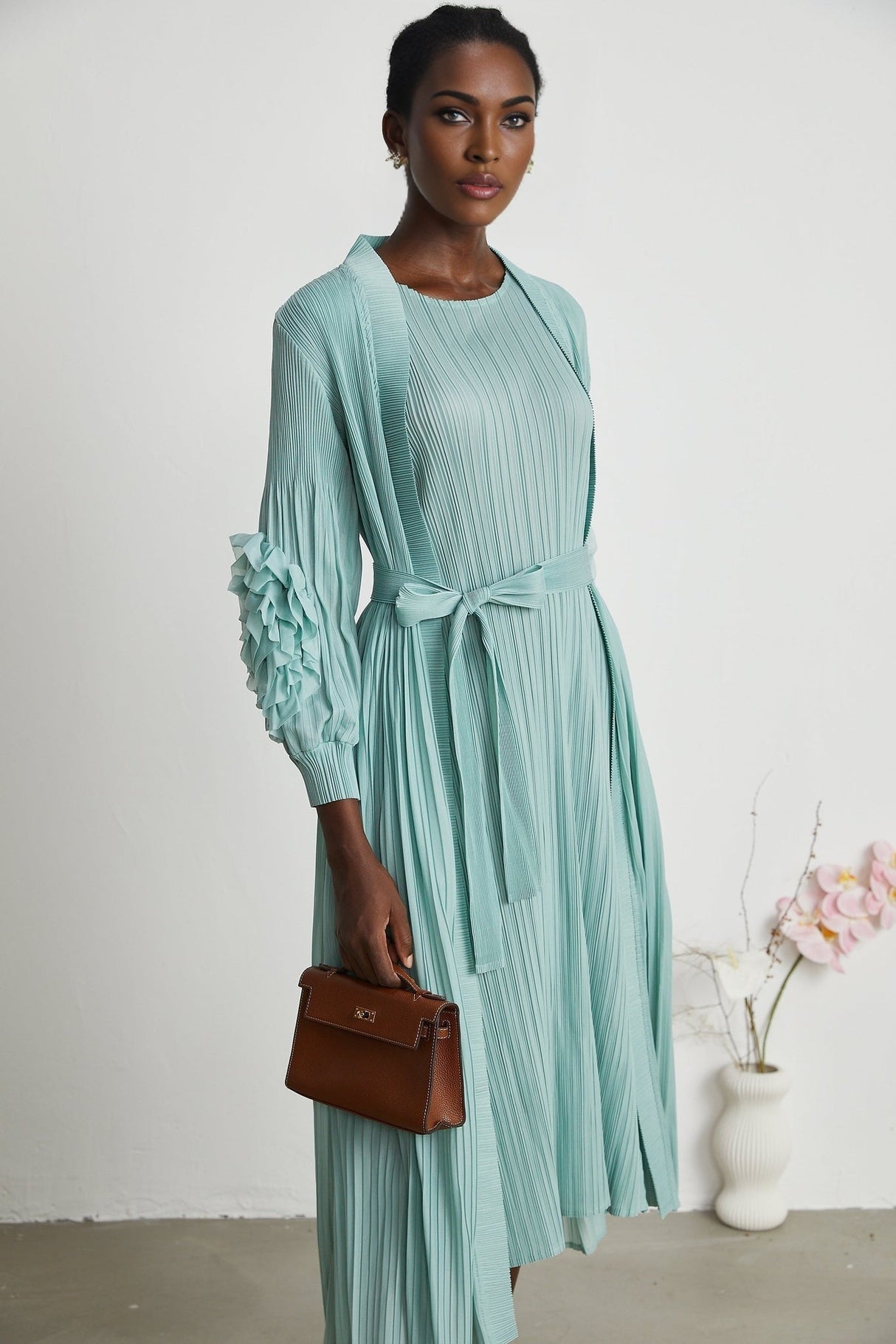 Cynthia Dress & Coat - Long Sleeve Faux - Flower Design - Elasticated Cuffs - Pleated Midi Dress