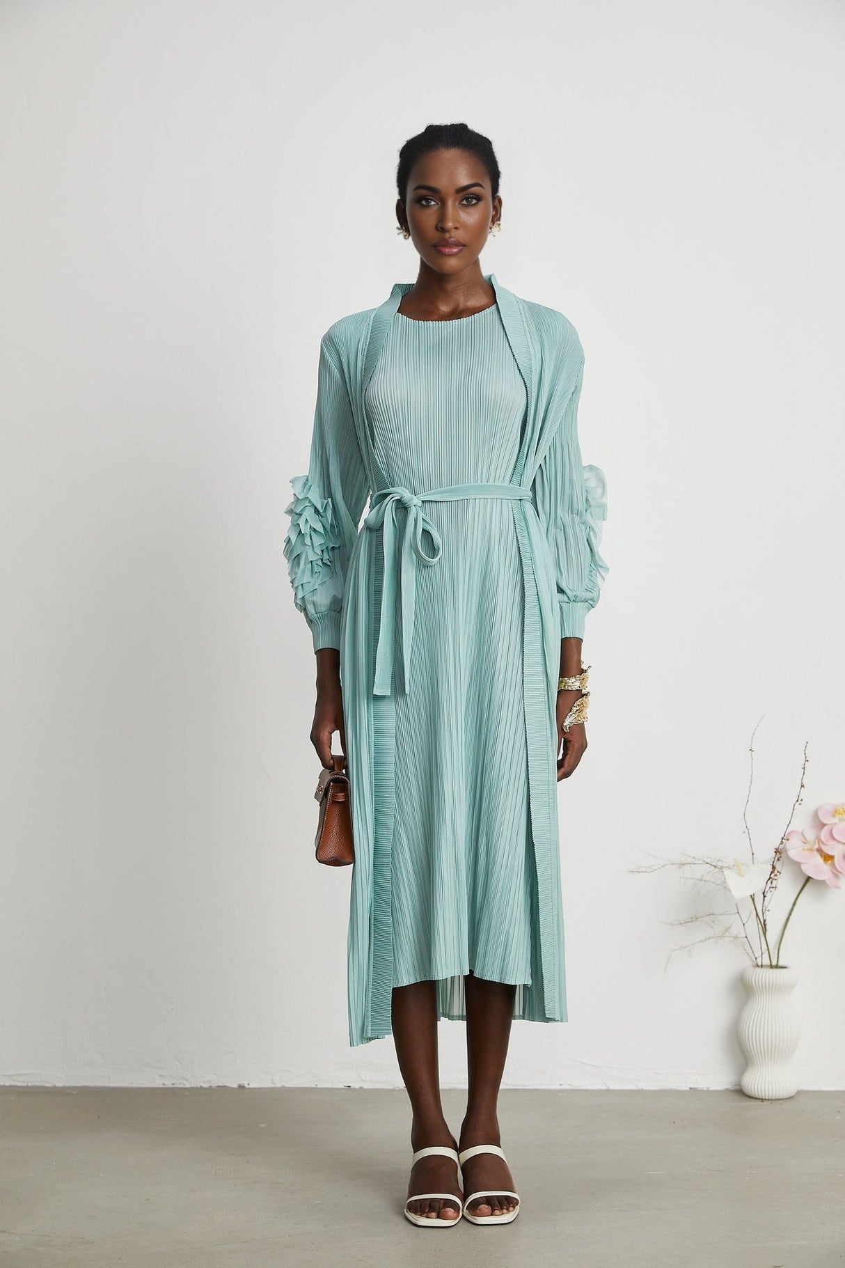 Cynthia Dress & Coat - Long Sleeve Faux - Flower Design - Elasticated Cuffs - Pleated Midi Dress