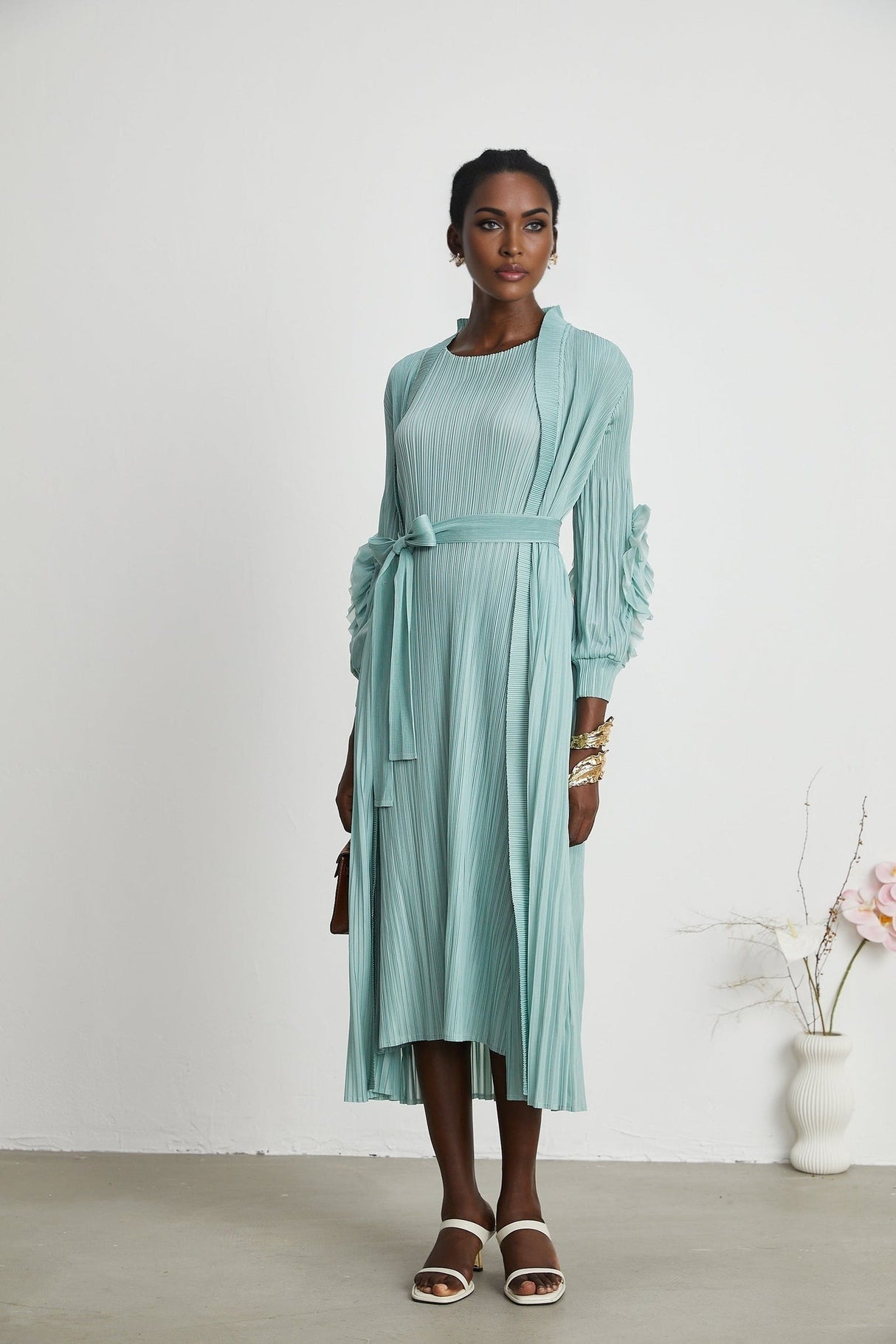 Cynthia Dress & Coat - Long Sleeve Faux - Flower Design - Elasticated Cuffs - Pleated Midi Dress