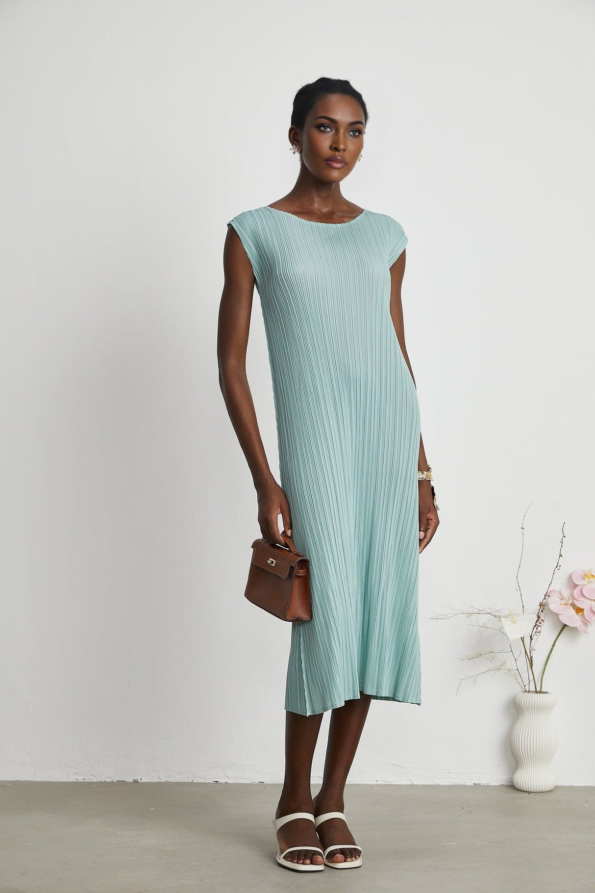 Cynthia Dress & Coat - Long Sleeve Faux - Flower Design - Elasticated Cuffs - Pleated Midi Dress