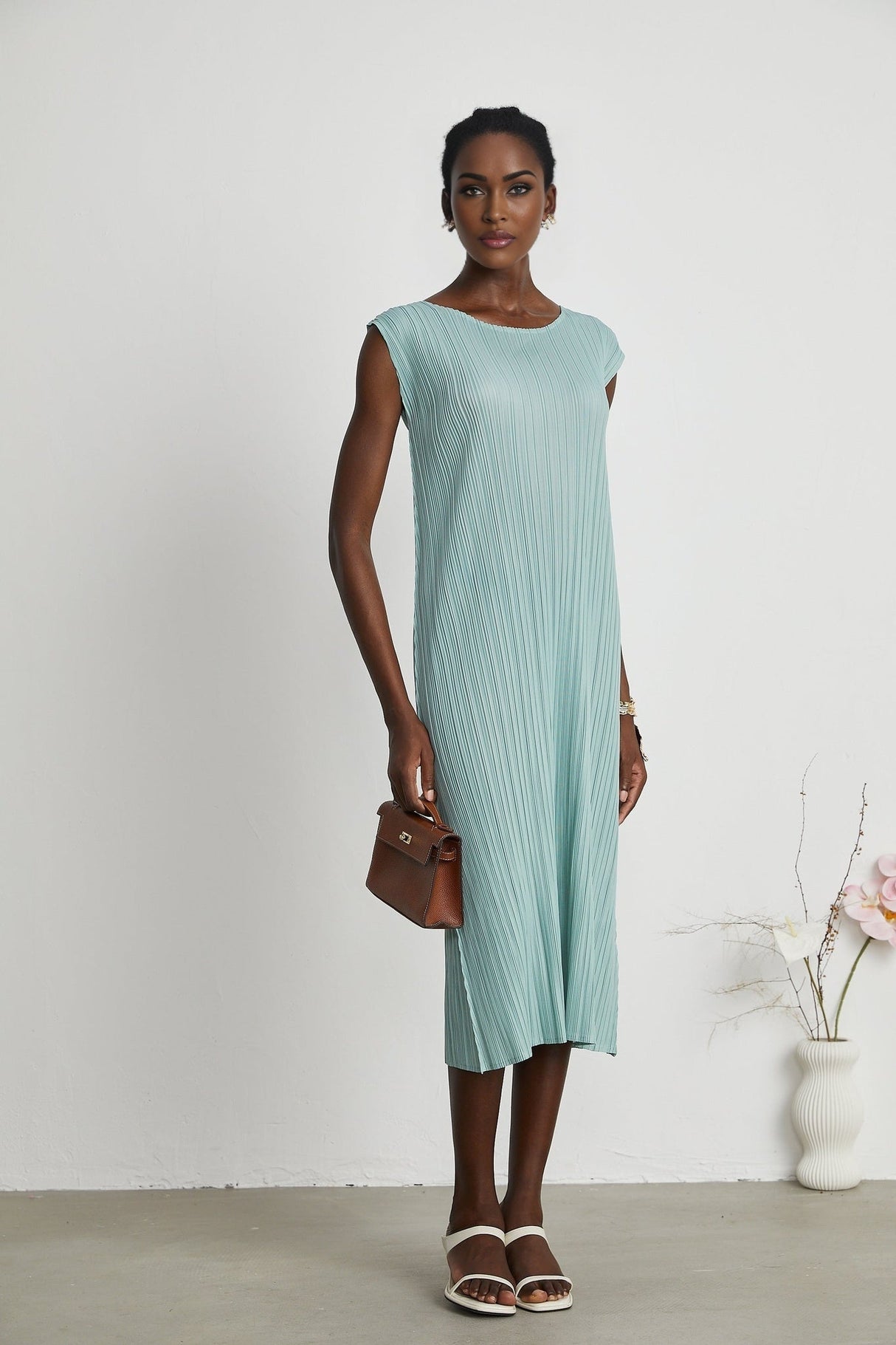 Cynthia Dress & Coat - Long Sleeve Faux - Flower Design - Elasticated Cuffs - Pleated Midi Dress