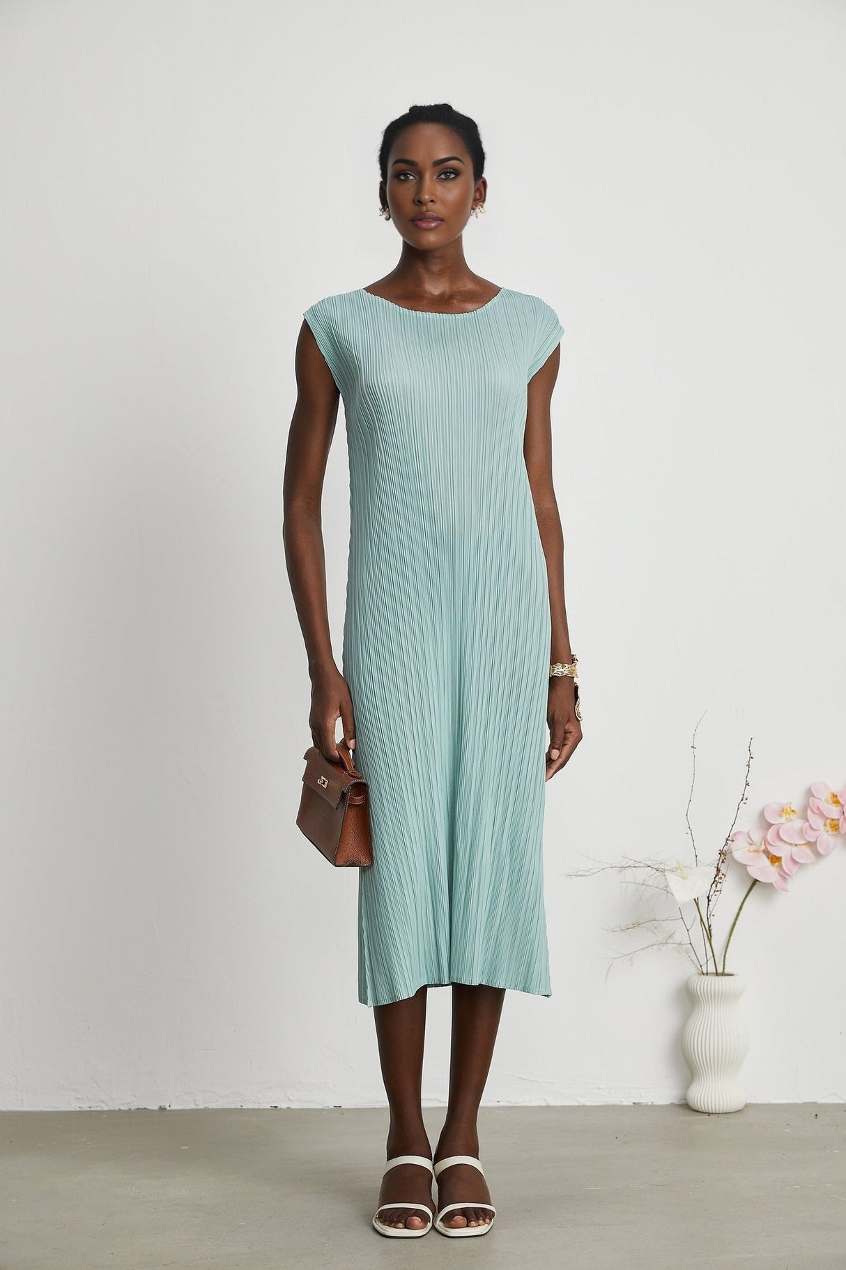 Cynthia Dress & Coat - Long Sleeve Faux - Flower Design - Elasticated Cuffs - Pleated Midi Dress