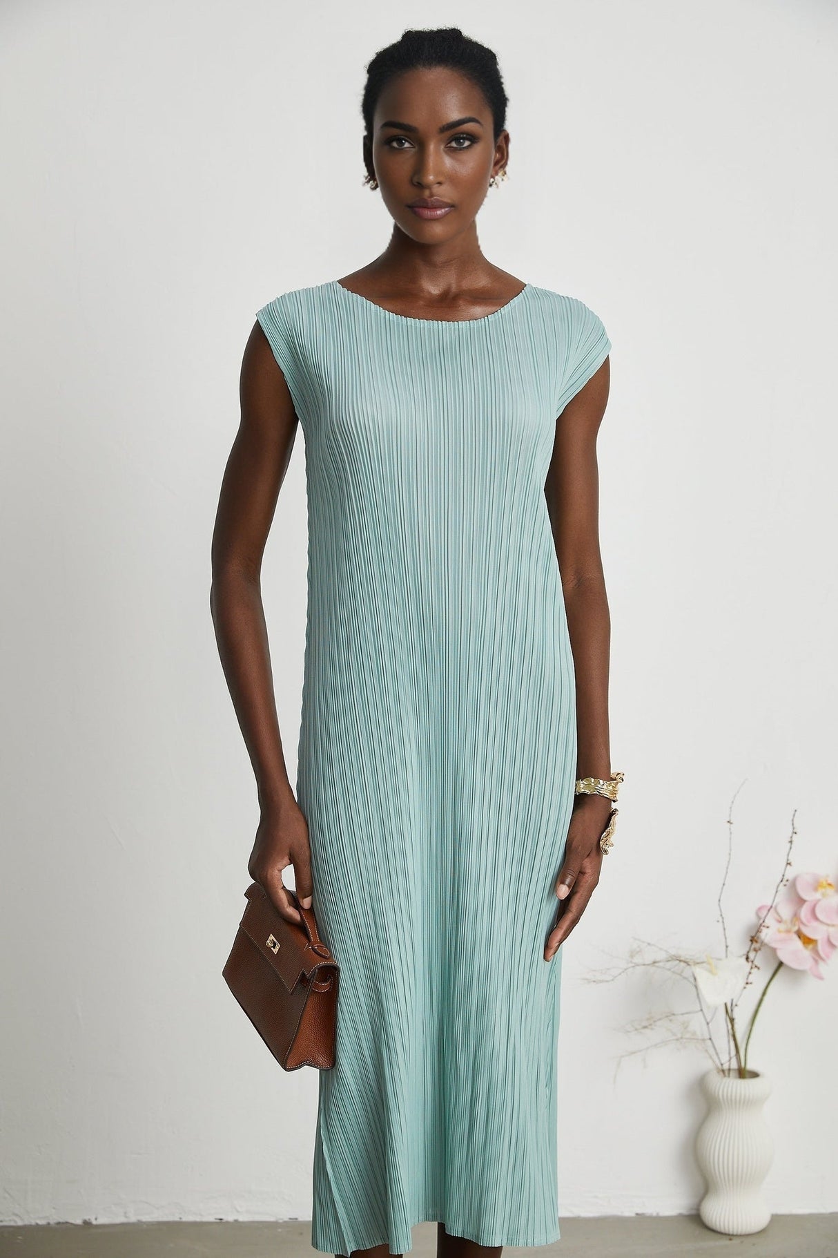 Cynthia Dress & Coat - Long Sleeve Faux - Flower Design - Elasticated Cuffs - Pleated Midi Dress