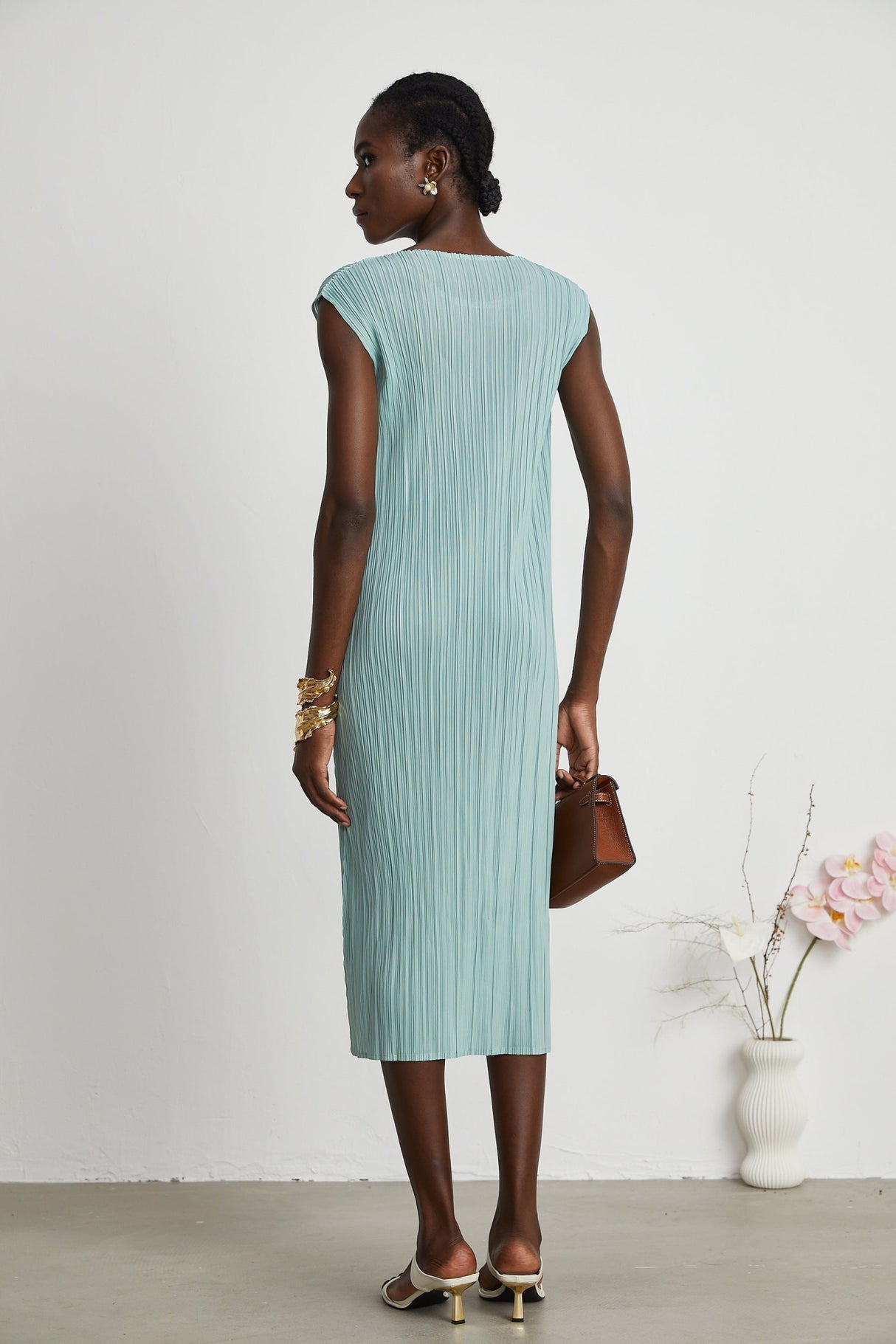 Cynthia Dress & Coat - Long Sleeve Faux - Flower Design - Elasticated Cuffs - Pleated Midi Dress