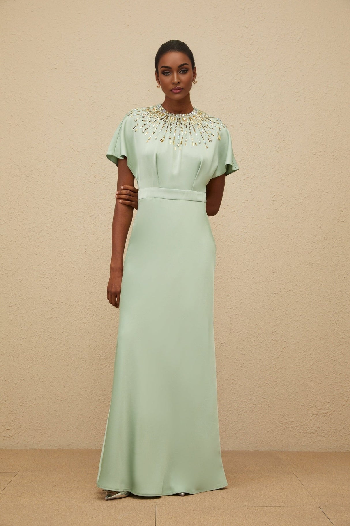 Cynthia Maxi Dress - Green Embellished Neckline - Open Back - Satin Finish