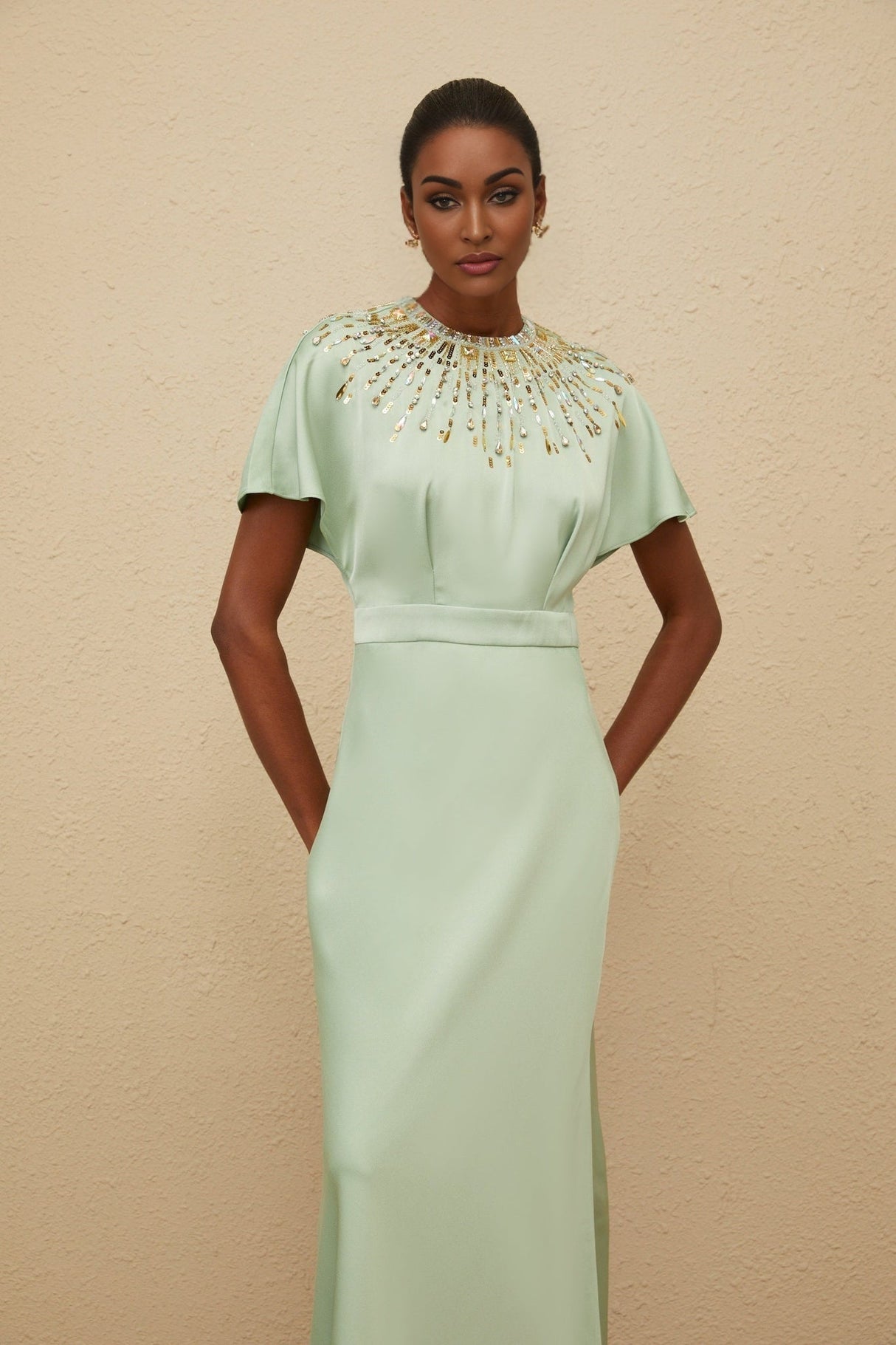 Cynthia Maxi Dress - Green Embellished Neckline - Open Back - Satin Finish