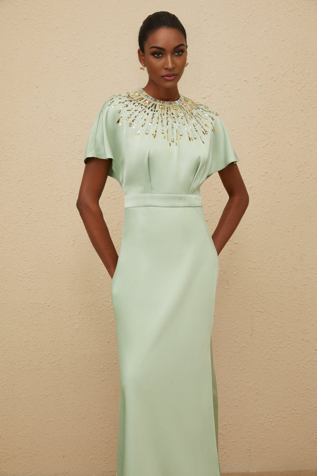 Cynthia Maxi Dress - Green Embellished Neckline - Open Back - Satin Finish