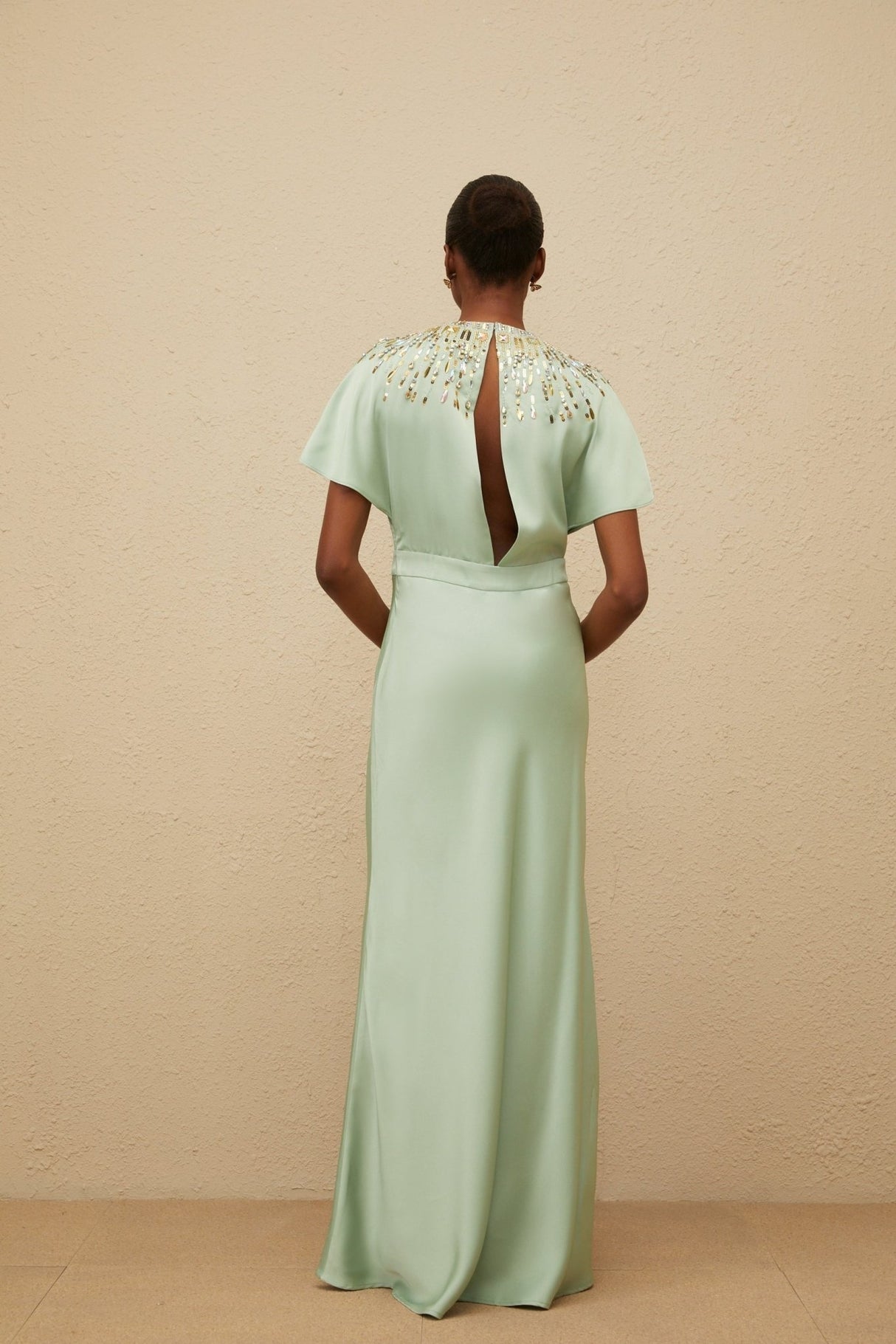 Cynthia Maxi Dress - Green Embellished Neckline - Open Back - Satin Finish