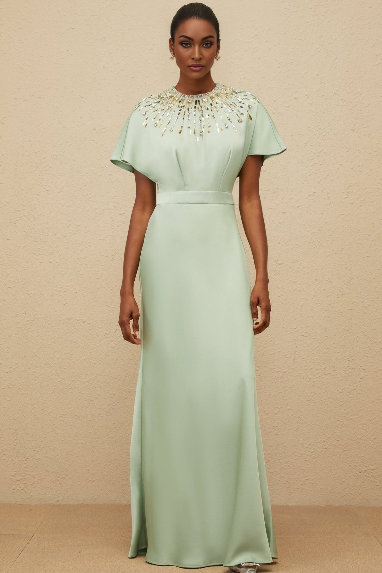 Cynthia Maxi Dress - Green Embellished Neckline - Open Back - Satin Finish