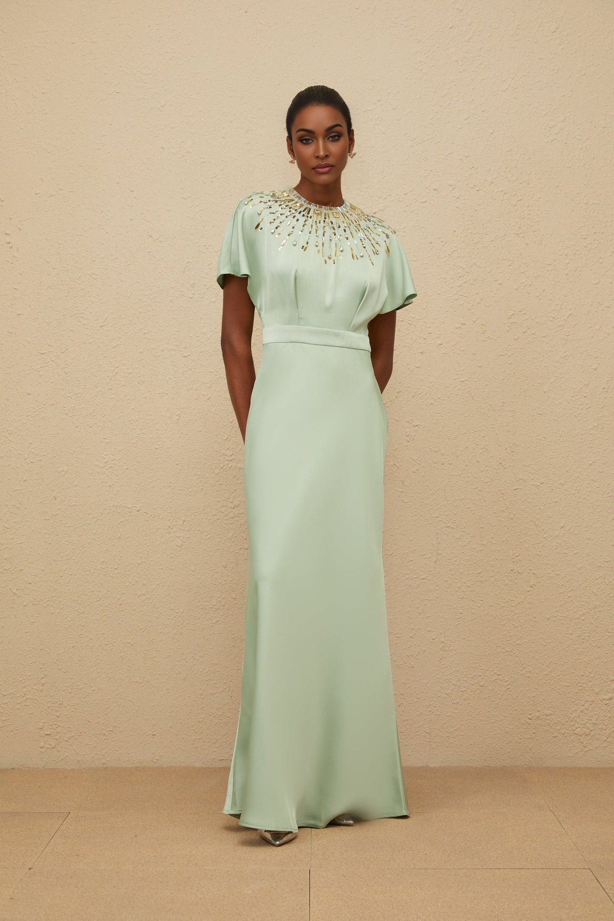 Cynthia Maxi Dress - Green Embellished Neckline - Open Back - Satin Finish