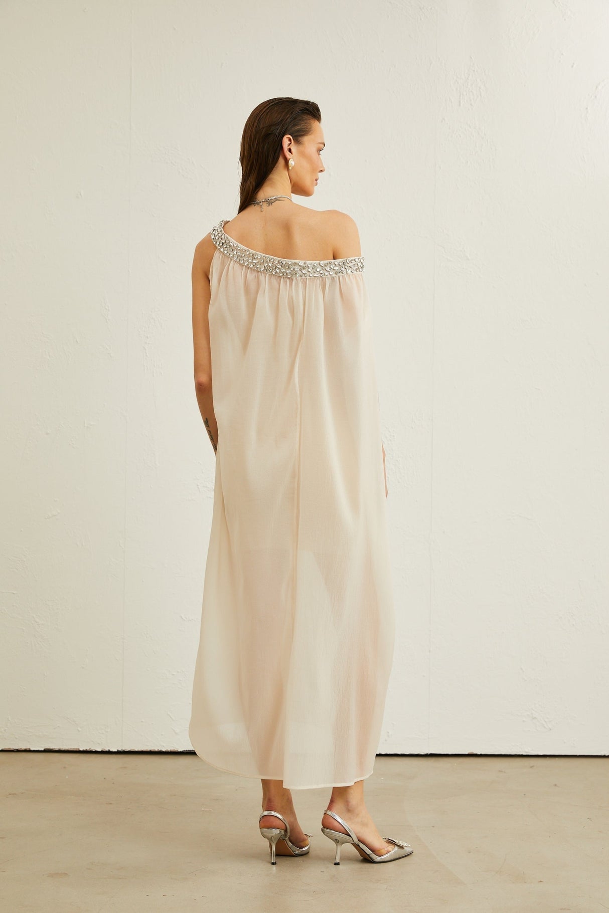 Cynthia Midi Dress – Sleeveless – Mono Shoulder – Crystal Embellishment