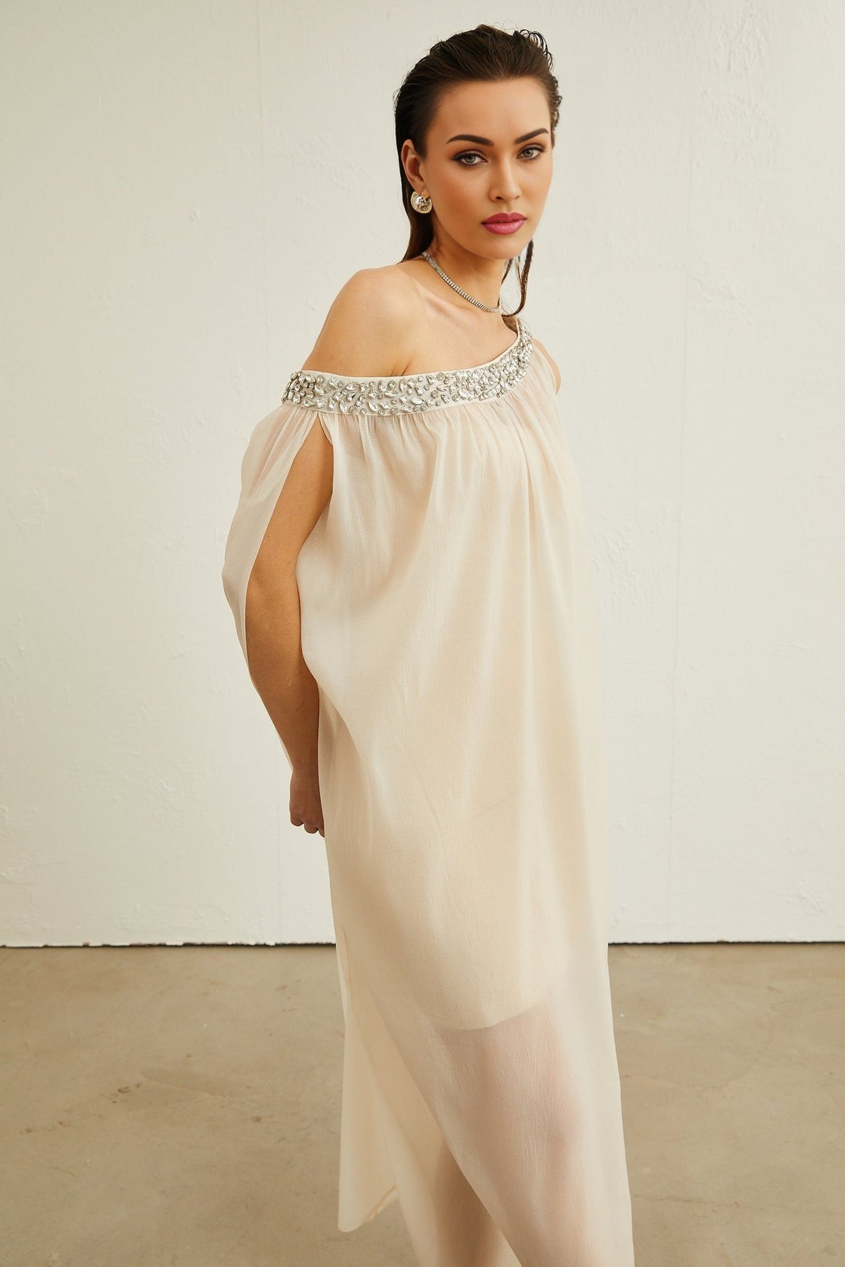 Cynthia Midi Dress – Sleeveless – Mono Shoulder – Crystal Embellishment