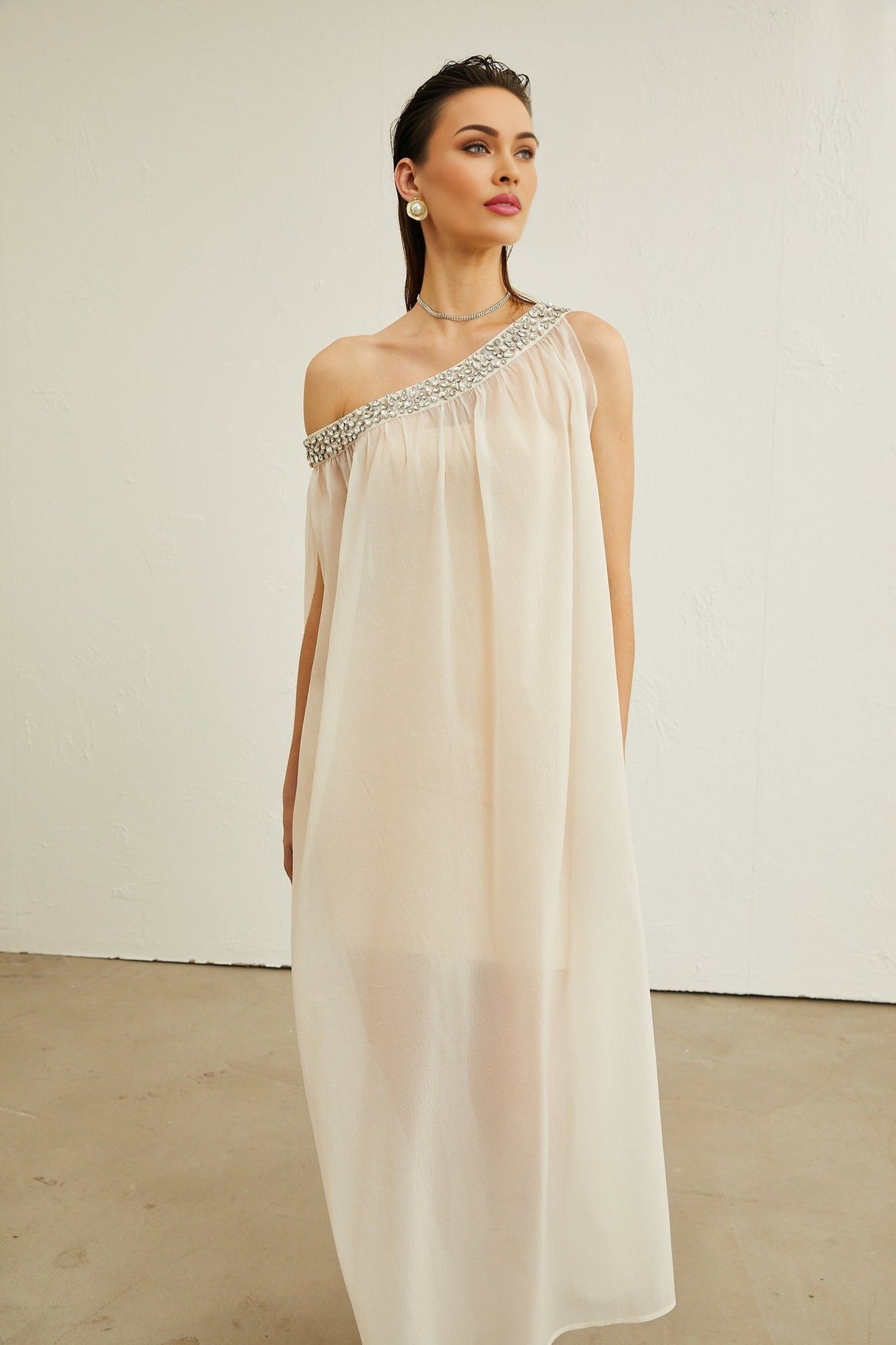 Cynthia Midi Dress – Sleeveless – Mono Shoulder – Crystal Embellishment