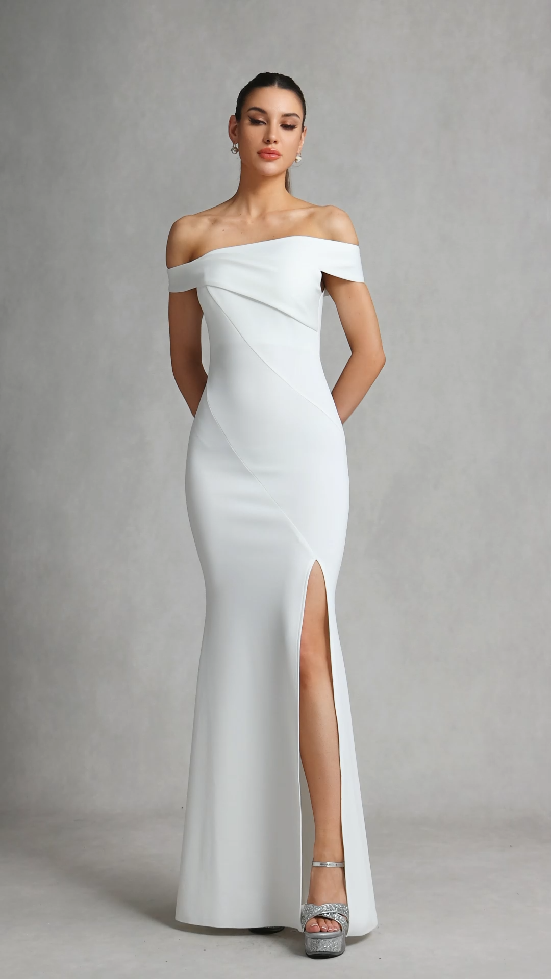 Cynthia White Off-Shoulder Slit Fitted Dress for Special Occasions