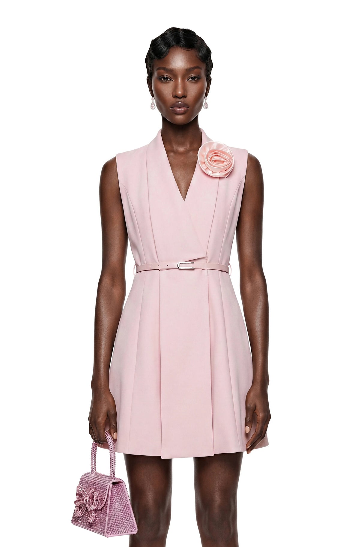 Cyprian Pink Sleeveless Mini Dress with 3D Florals