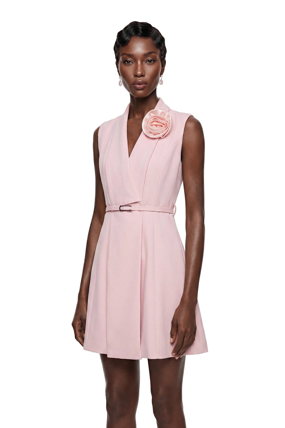 Cyprian Pink Sleeveless Mini Dress with 3D Florals
