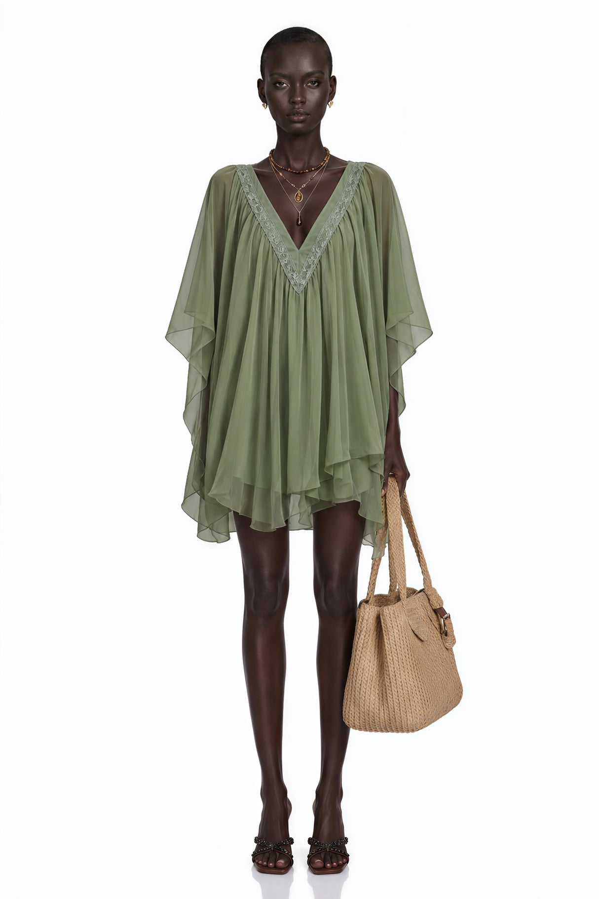 Cyrielle Emerald Green Chiffon Cape Mini Dress