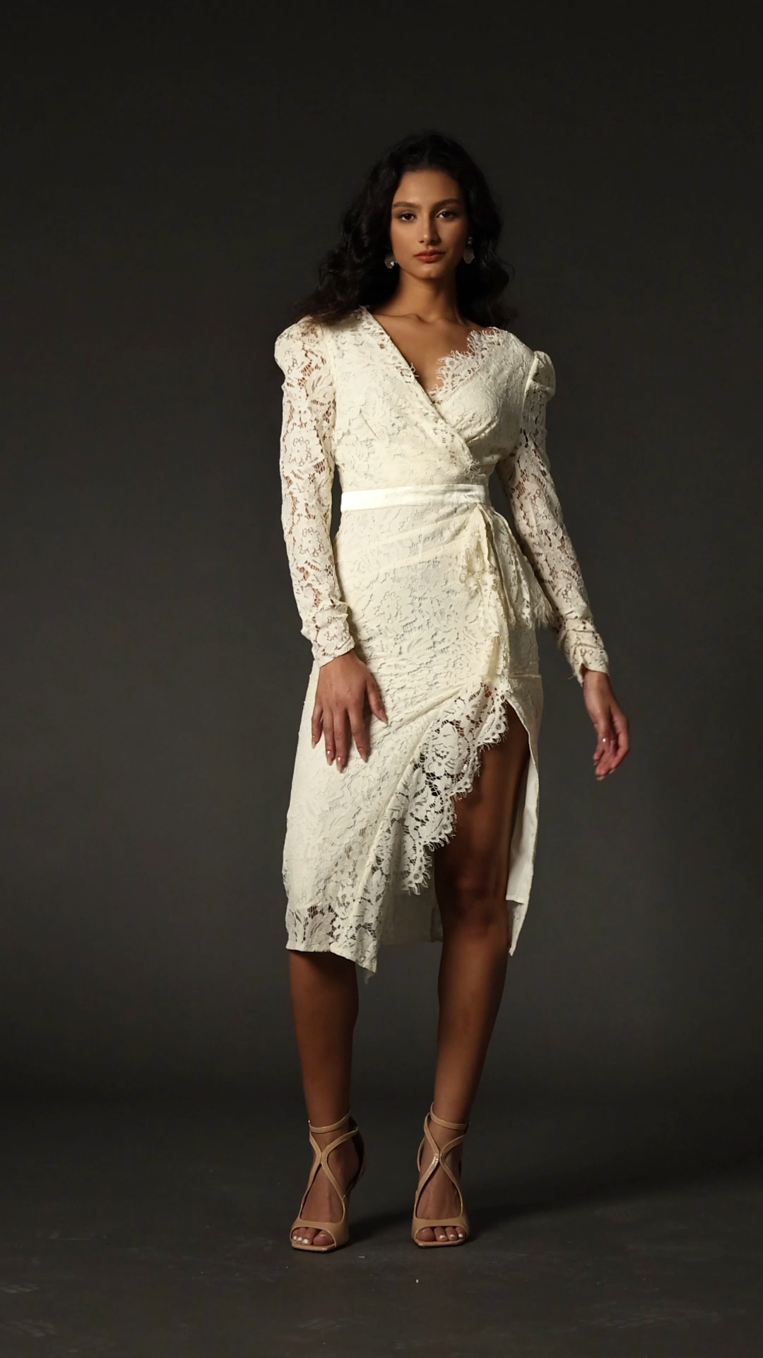 Dahlia Ivory Lace V-Neckline Slit Sleeve Wrap Dress