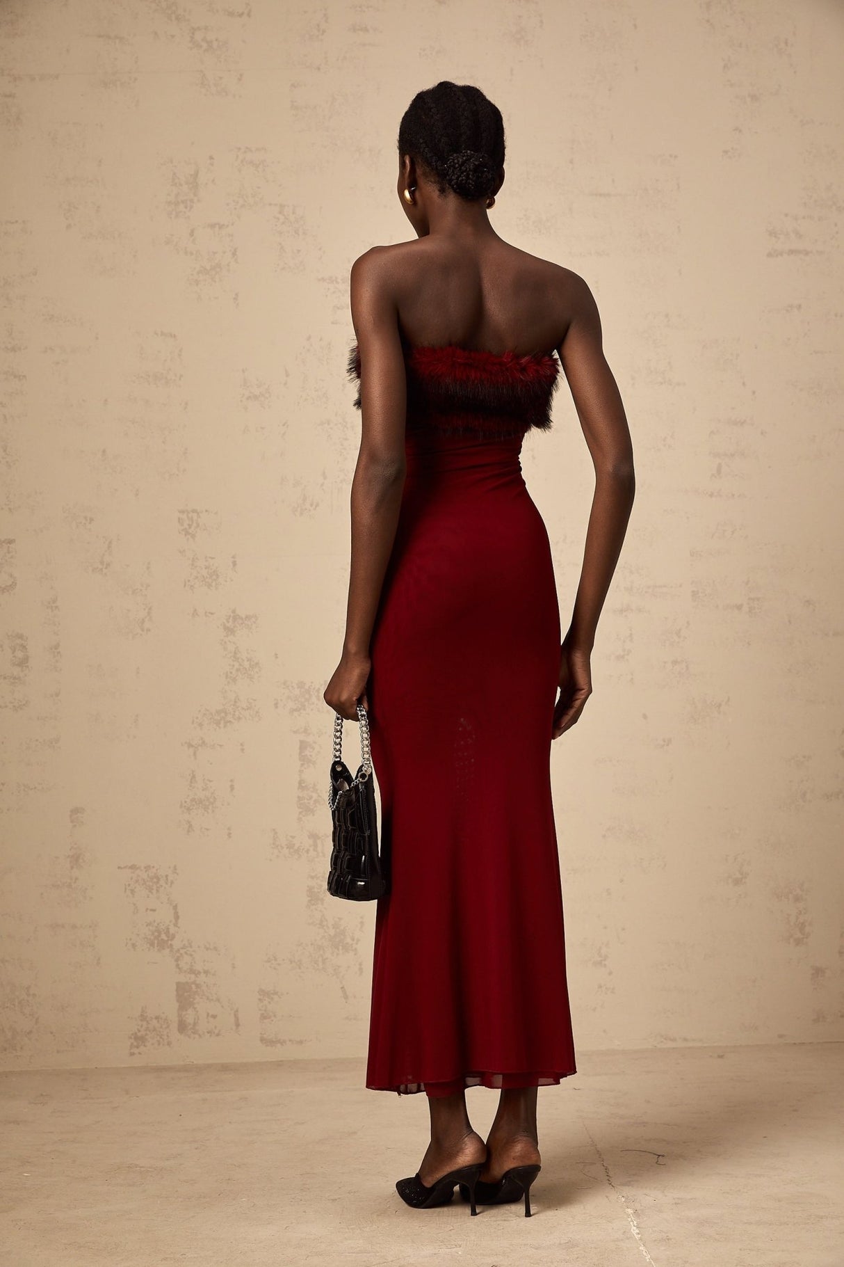 Dahlia Midi Dress - Mesh Overlay - Off the Shoulder - Faux - Fur Detail - Layered Design - Fitted Silhouette