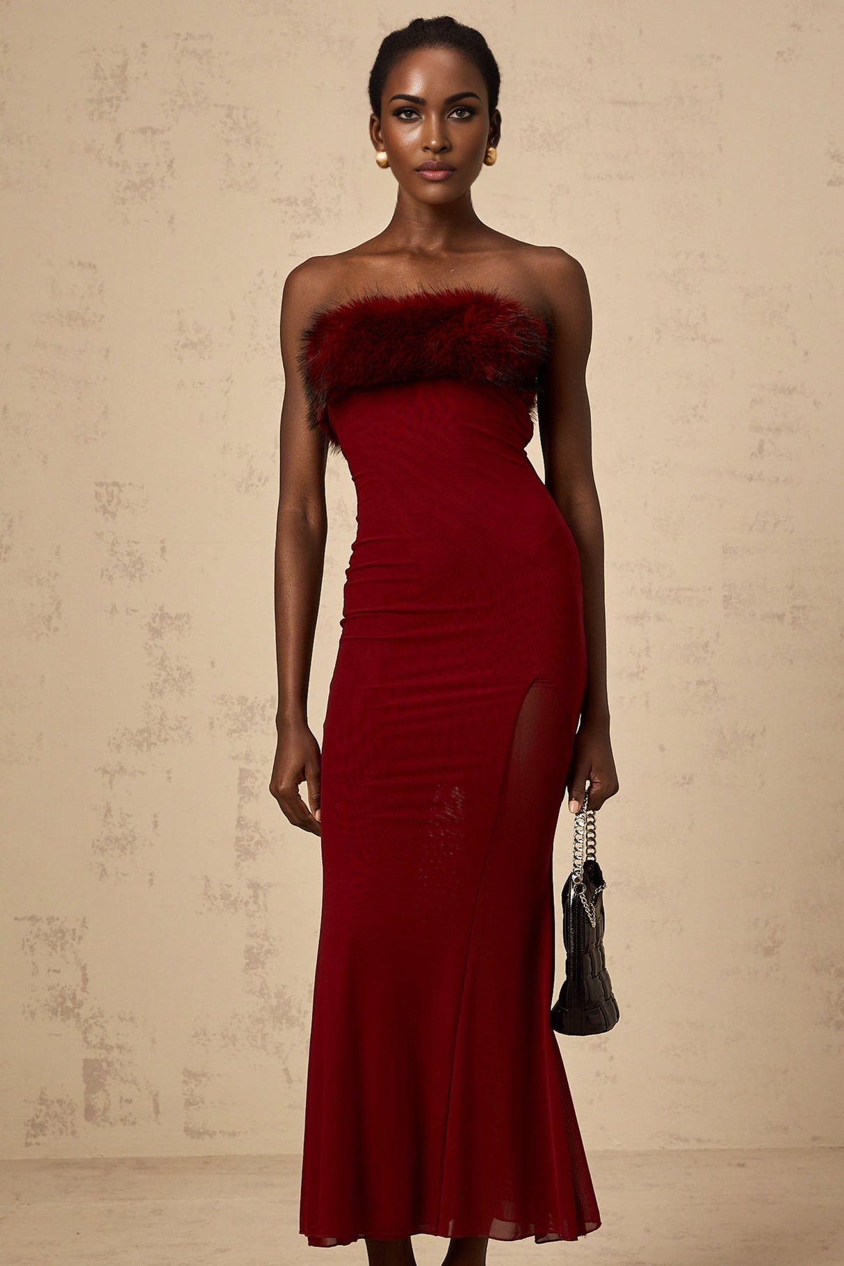 Dahlia Midi Dress - Mesh Overlay - Off the Shoulder - Faux - Fur Detail - Layered Design - Fitted Silhouette