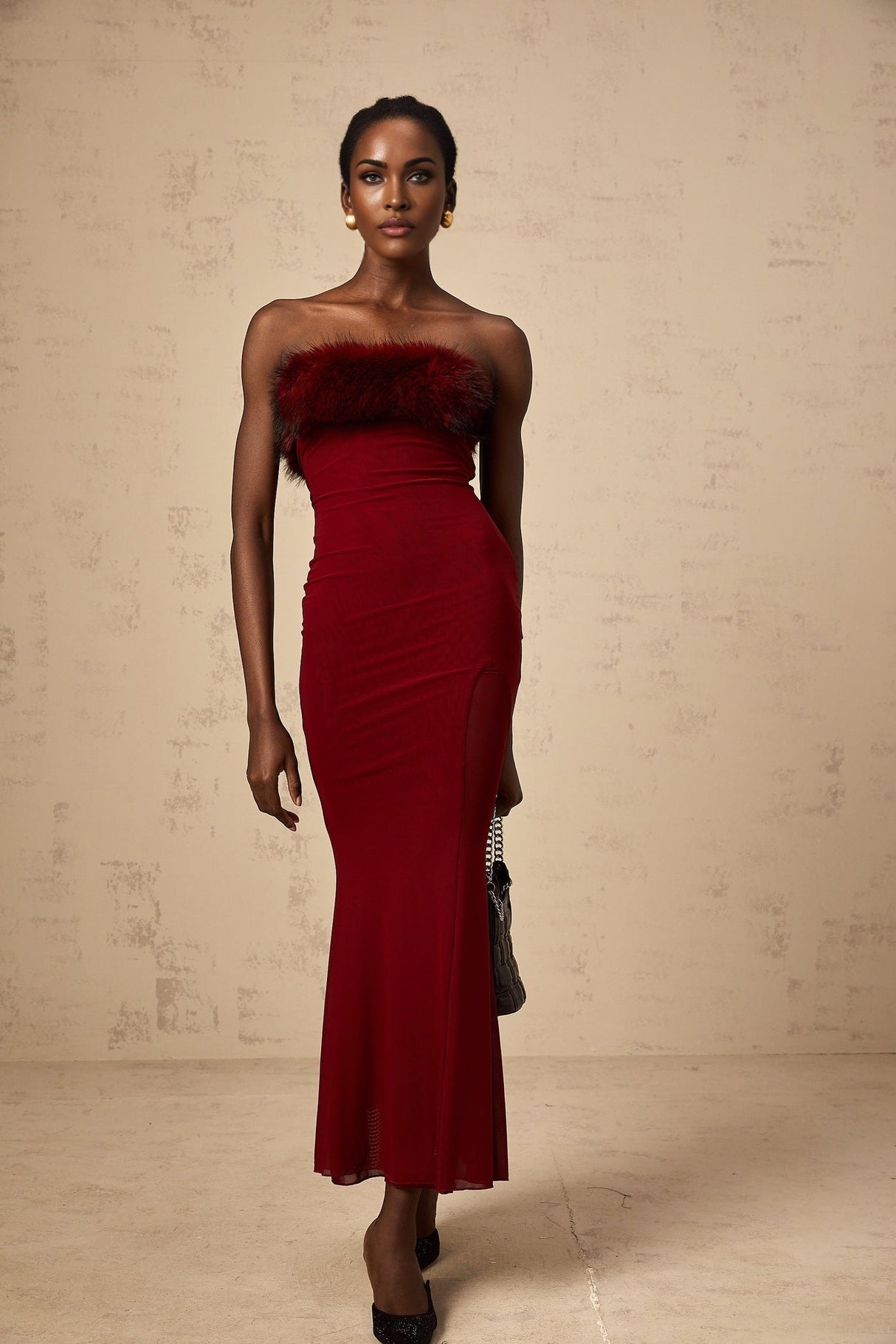 Dahlia Midi Dress - Mesh Overlay - Off the Shoulder - Faux - Fur Detail - Layered Design - Fitted Silhouette