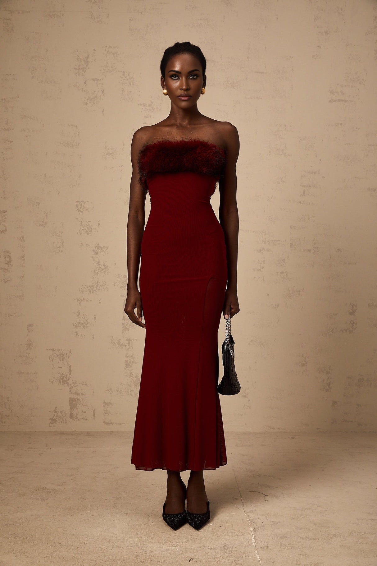 Dahlia Midi Dress - Mesh Overlay - Off the Shoulder - Faux - Fur Detail - Layered Design - Fitted Silhouette