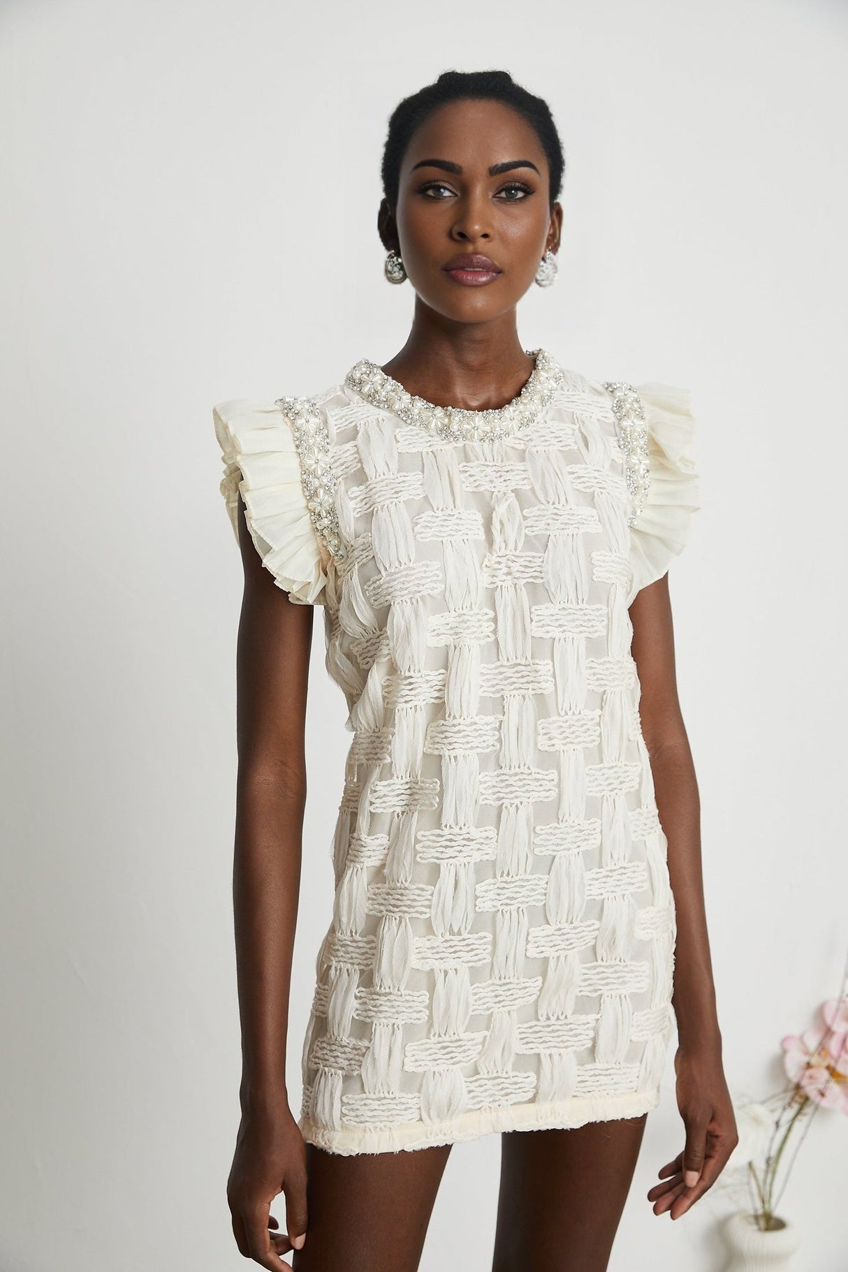 Dahlia Mini Dress - Sleeveless - Round Neck - Pleat & Crystal Embellishments