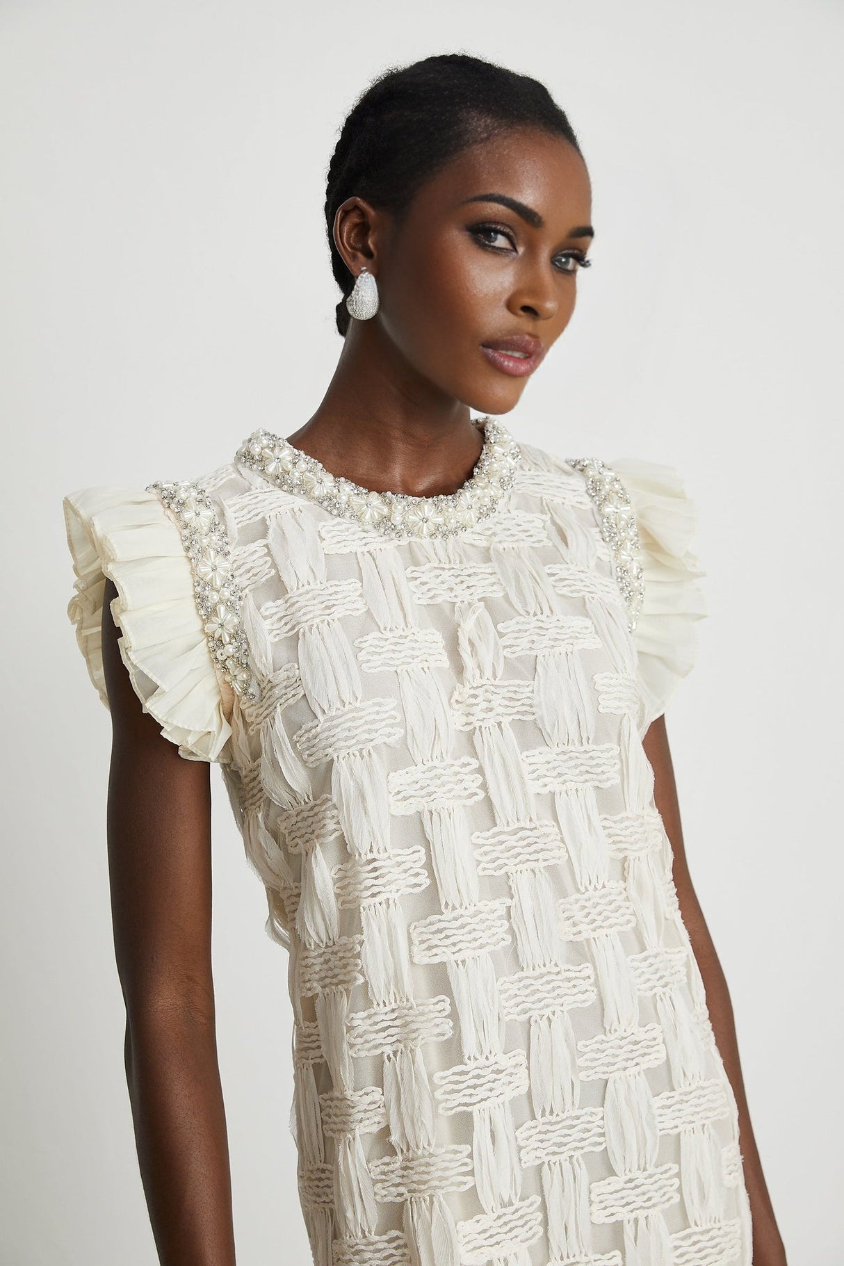 Dahlia Mini Dress - Sleeveless - Round Neck - Pleat & Crystal Embellishments