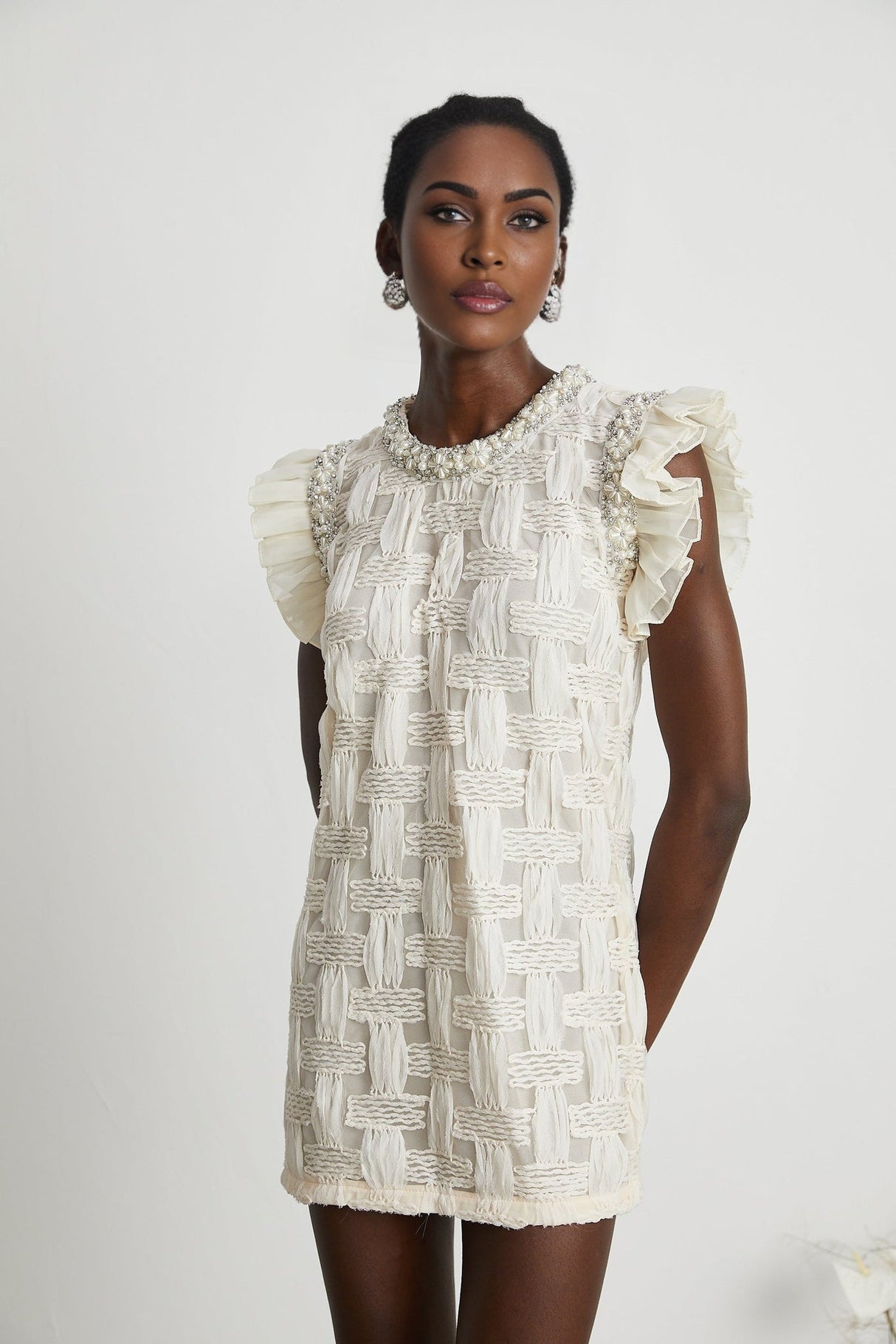 Dahlia Mini Dress - Sleeveless - Round Neck - Pleat & Crystal Embellishments