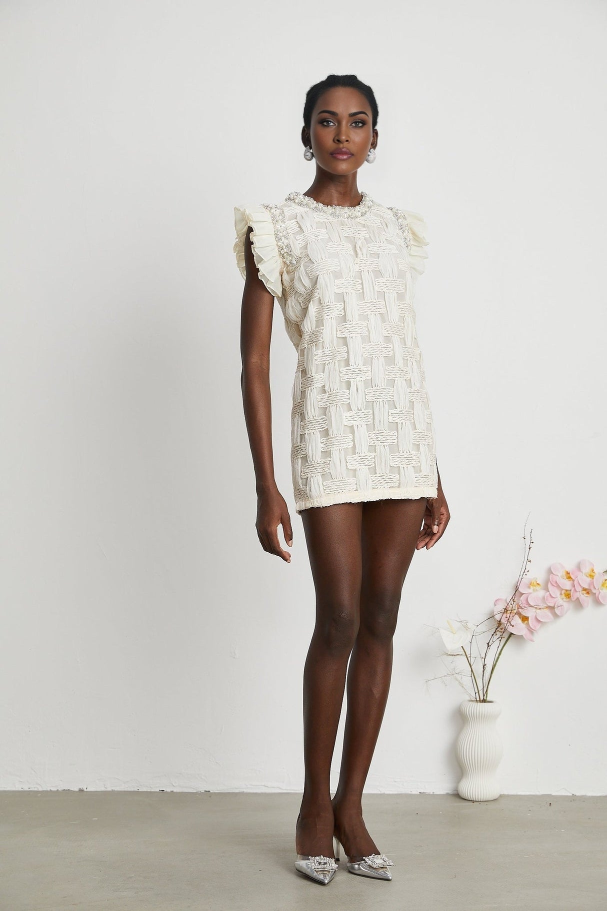 Dahlia Mini Dress - Sleeveless - Round Neck - Pleat & Crystal Embellishments