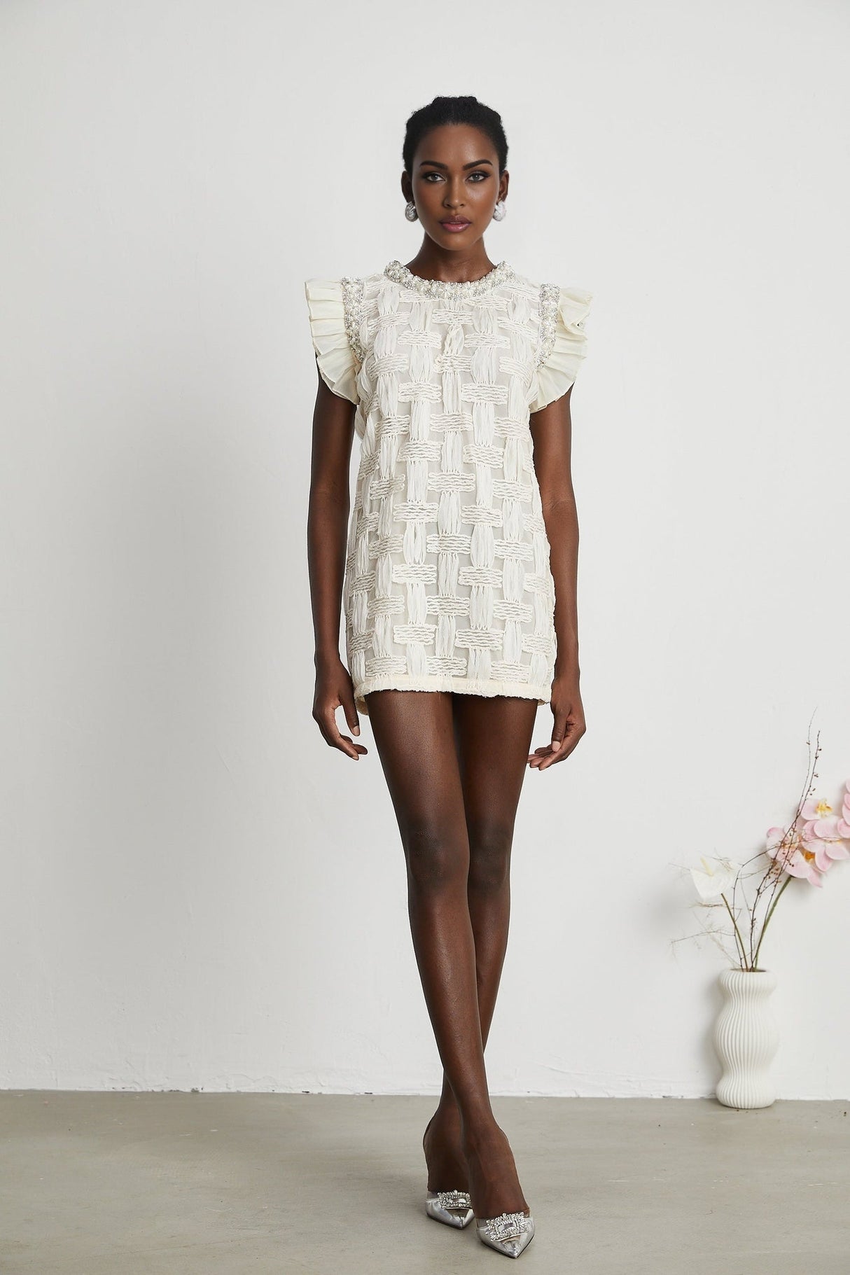 Dahlia Mini Dress - Sleeveless - Round Neck - Pleat & Crystal Embellishments