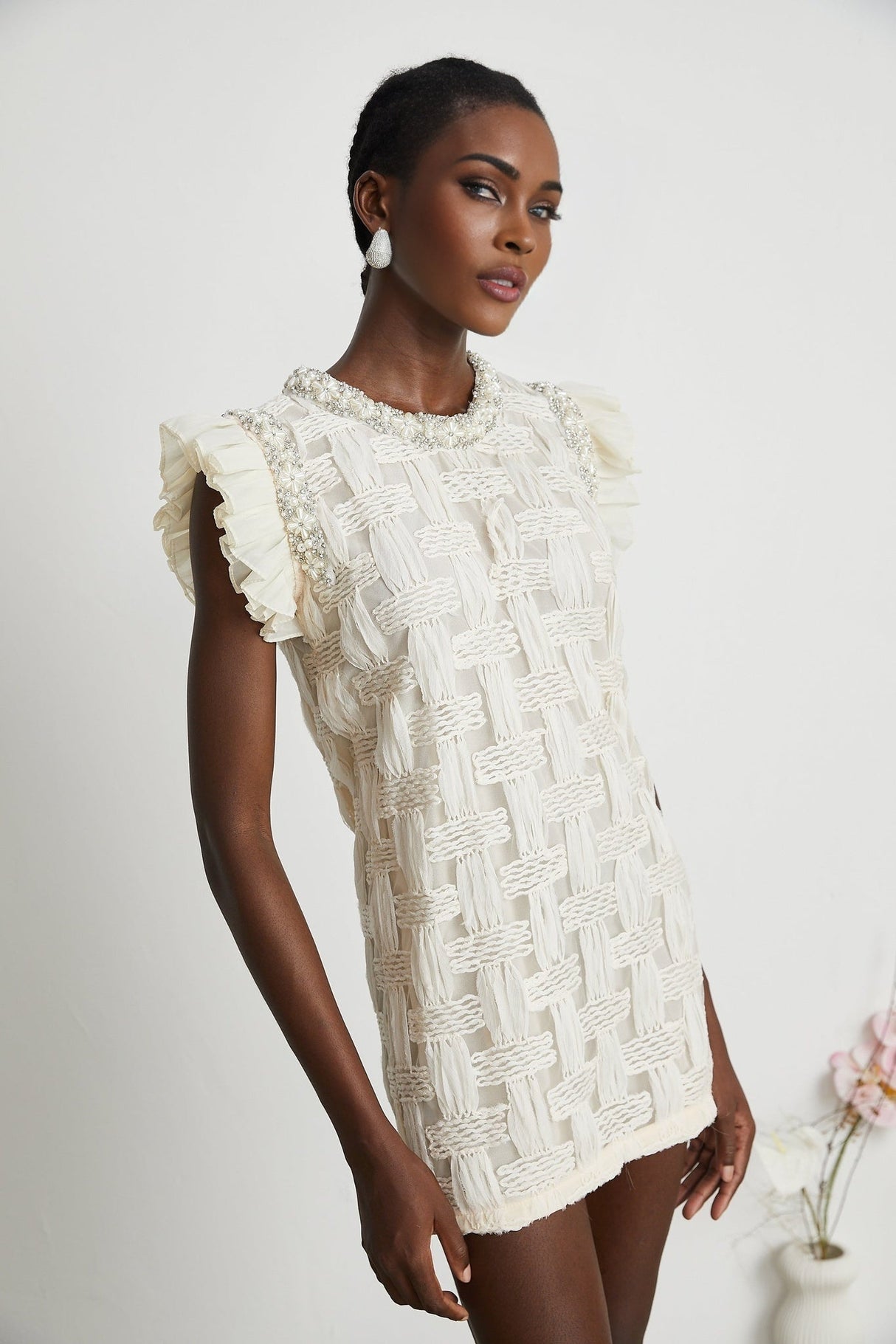 Dahlia Mini Dress - Sleeveless - Round Neck - Pleat & Crystal Embellishments