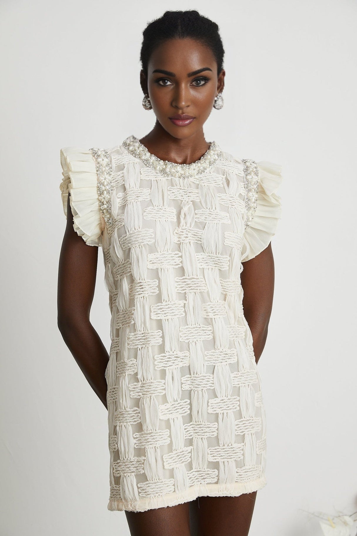 Dahlia Mini Dress - Sleeveless - Round Neck - Pleat & Crystal Embellishments