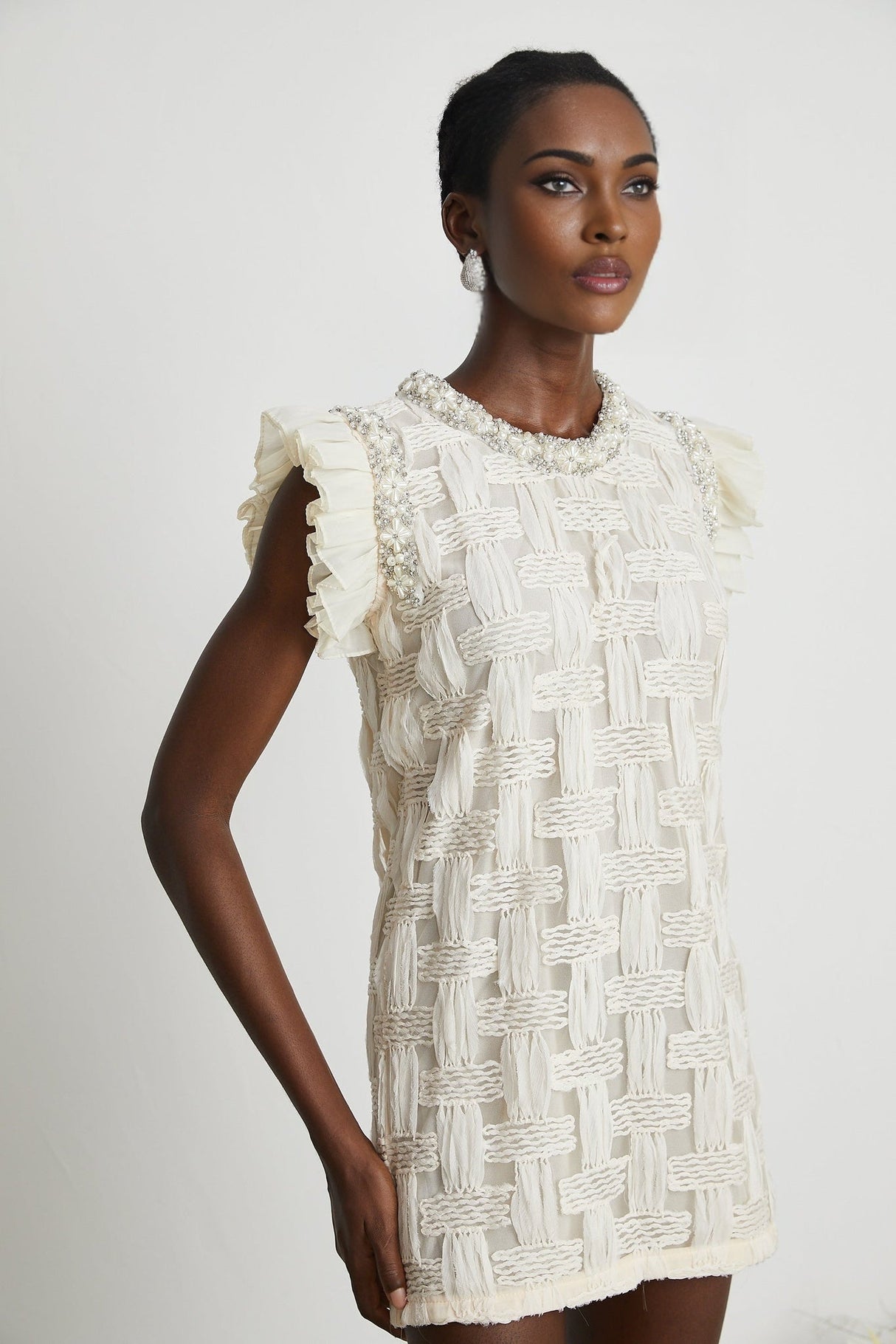 Dahlia Mini Dress - Sleeveless - Round Neck - Pleat & Crystal Embellishments