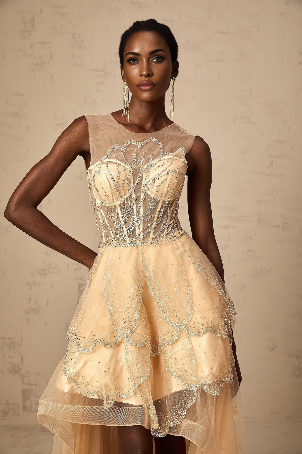 Daisy Gown - Tulle - Sequin & Bead Embellishment - High - Low Hem - Lace - Up Back - Corset Style - Train - Floor Length