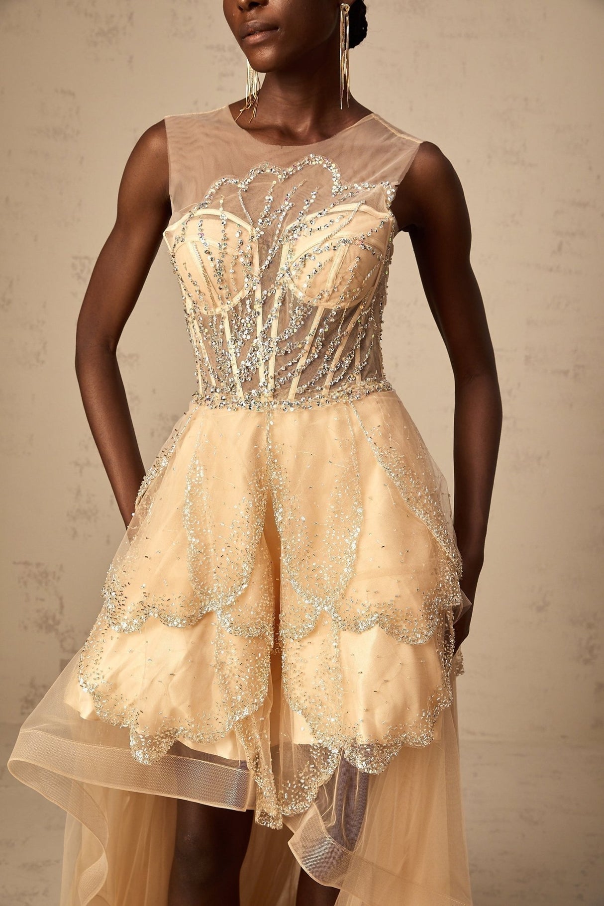 Daisy Gown - Tulle - Sequin & Bead Embellishment - High - Low Hem - Lace - Up Back - Corset Style - Train - Floor Length
