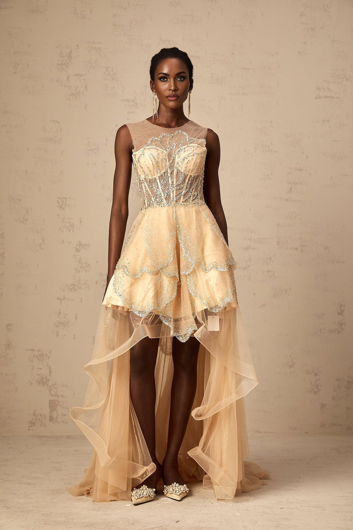 Daisy Gown - Tulle - Sequin & Bead Embellishment - High - Low Hem - Lace - Up Back - Corset Style - Train - Floor Length