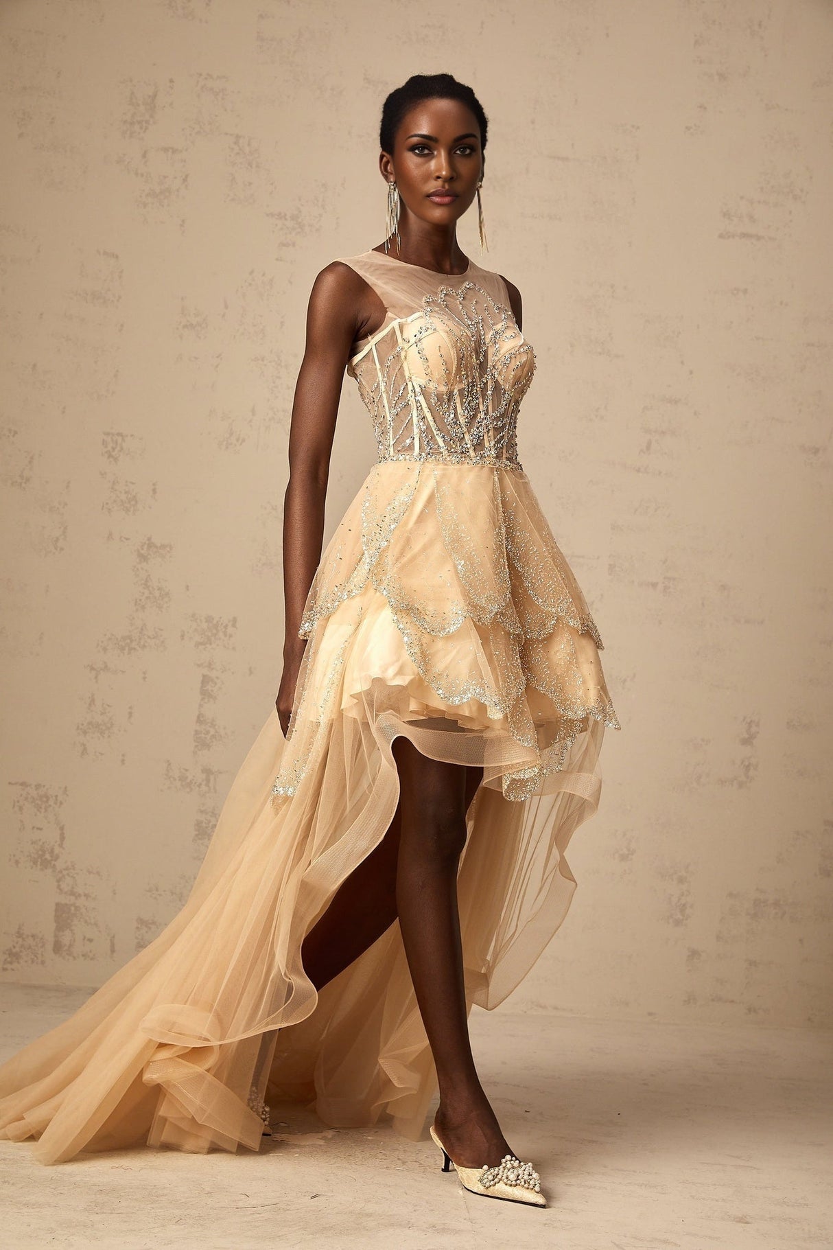 Daisy Gown - Tulle - Sequin & Bead Embellishment - High - Low Hem - Lace - Up Back - Corset Style - Train - Floor Length
