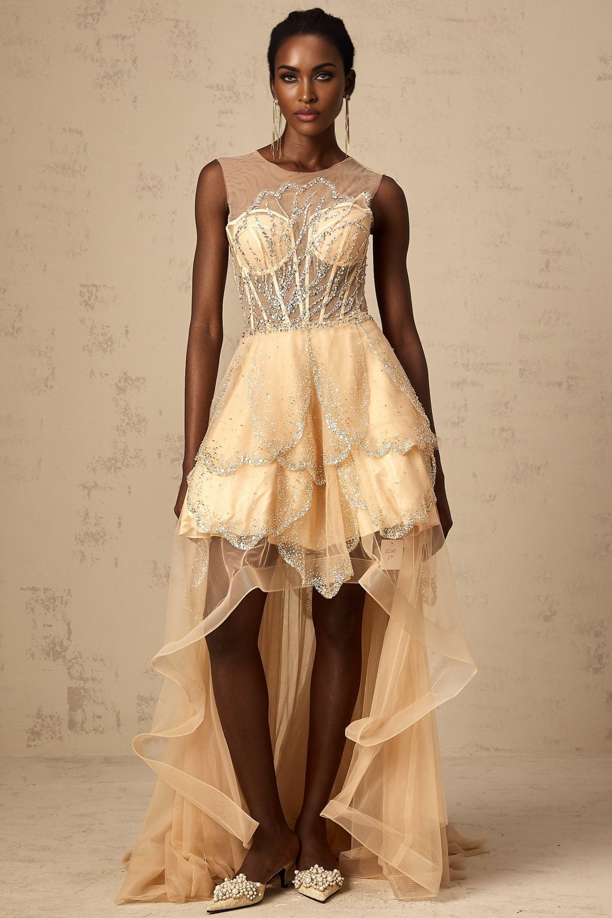 Daisy Gown - Tulle - Sequin & Bead Embellishment - High - Low Hem - Lace - Up Back - Corset Style - Train - Floor Length