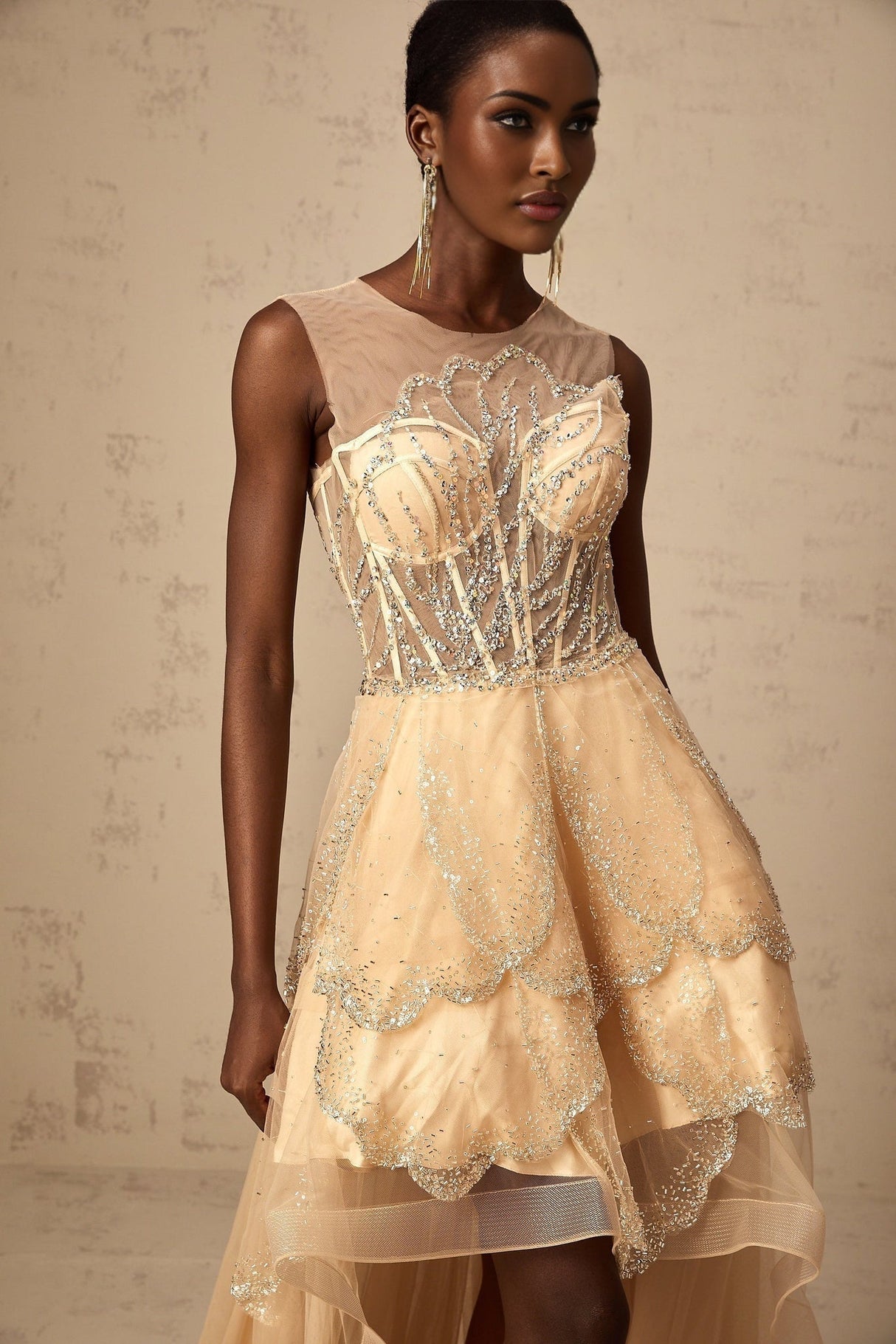Daisy Gown - Tulle - Sequin & Bead Embellishment - High - Low Hem - Lace - Up Back - Corset Style - Train - Floor Length