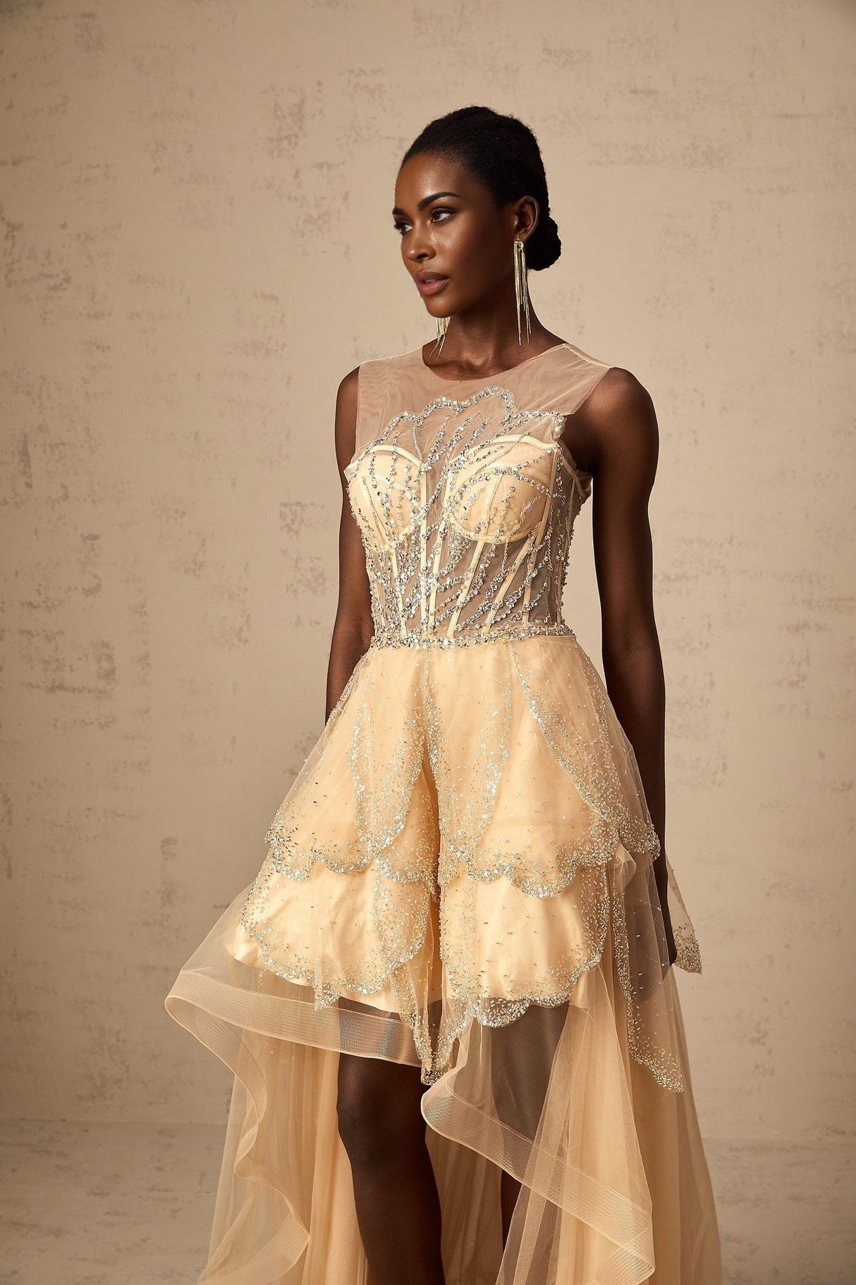 Daisy Gown - Tulle - Sequin & Bead Embellishment - High - Low Hem - Lace - Up Back - Corset Style - Train - Floor Length