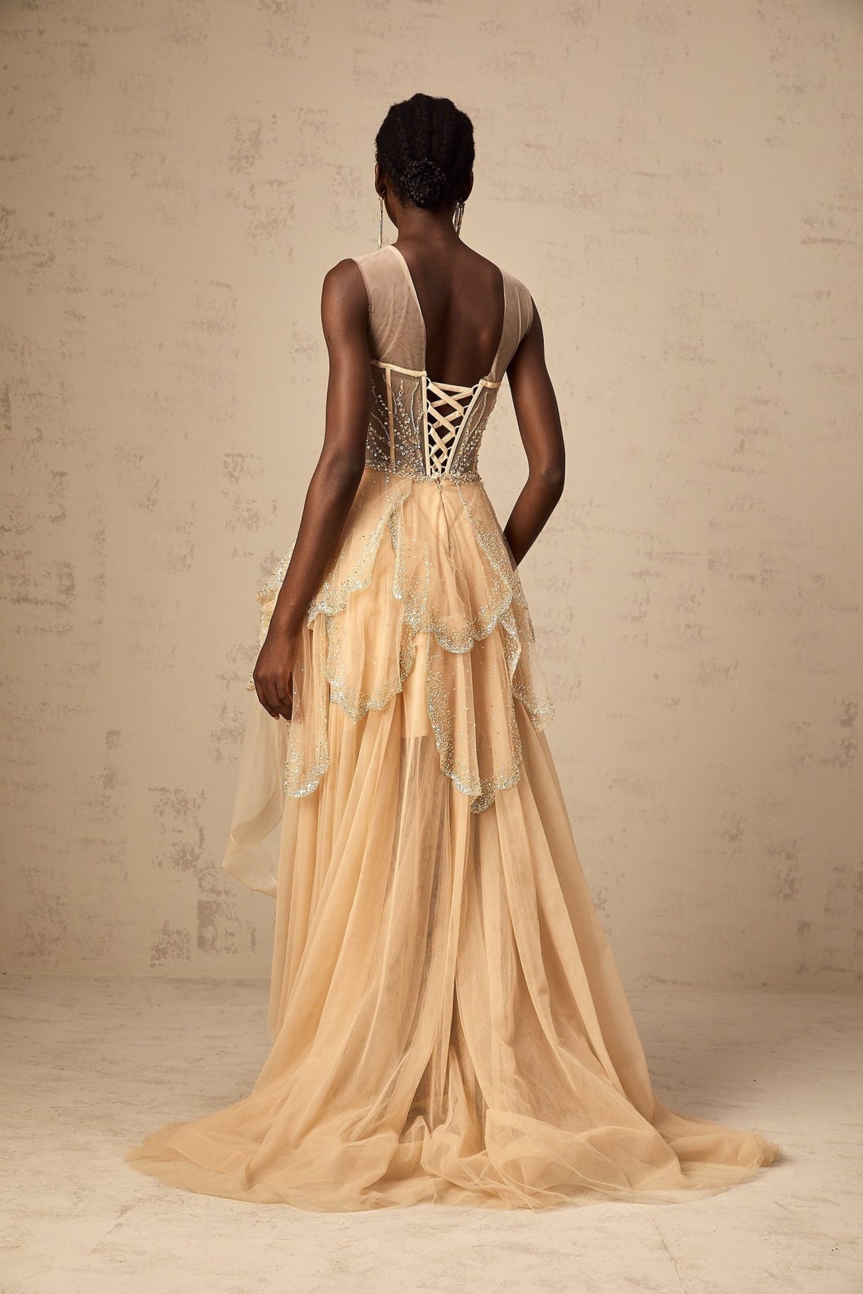 Daisy Gown - Tulle - Sequin & Bead Embellishment - High - Low Hem - Lace - Up Back - Corset Style - Train - Floor Length