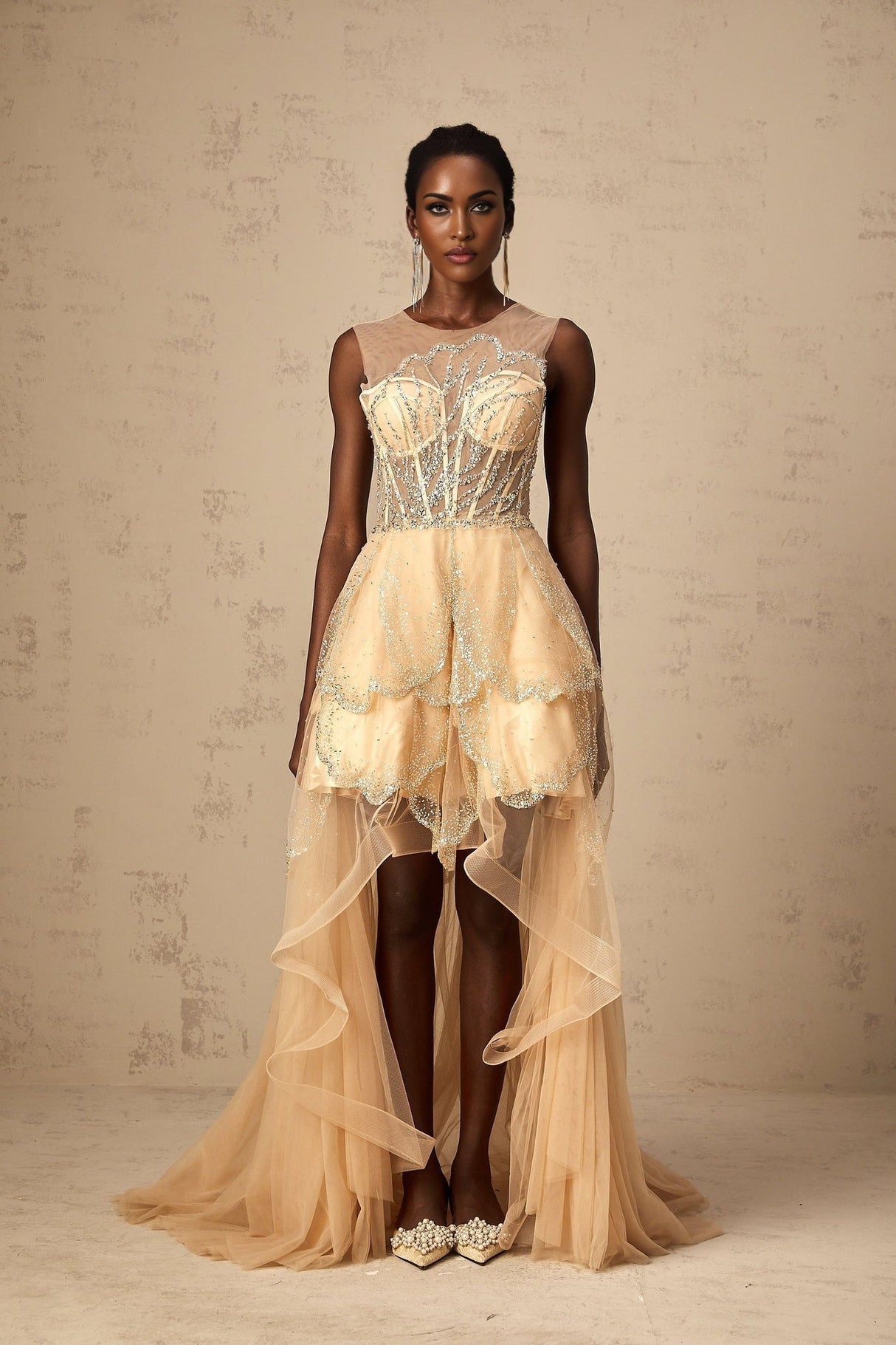 Daisy Gown - Tulle - Sequin & Bead Embellishment - High - Low Hem - Lace - Up Back - Corset Style - Train - Floor Length