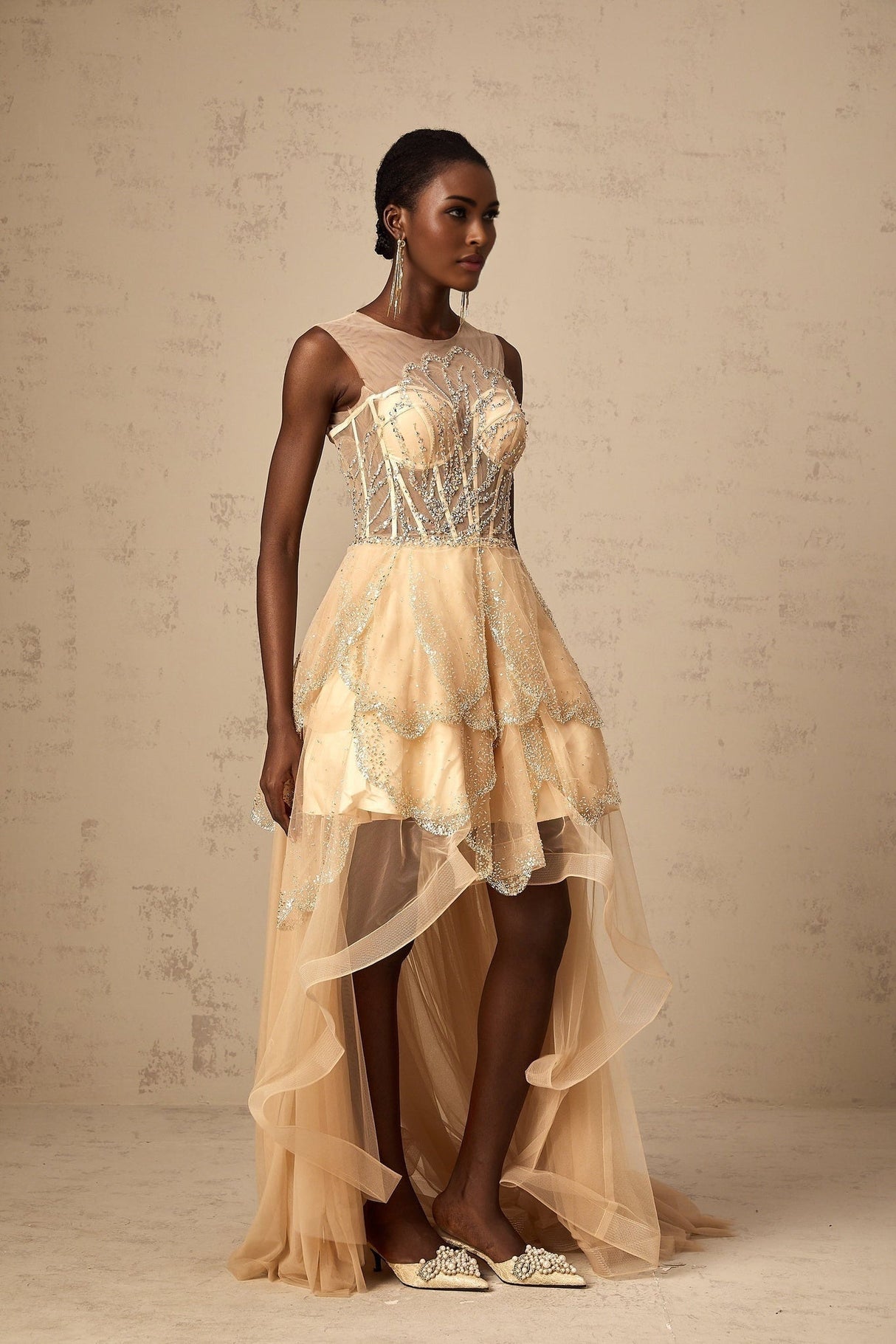 Daisy Gown - Tulle - Sequin & Bead Embellishment - High - Low Hem - Lace - Up Back - Corset Style - Train - Floor Length