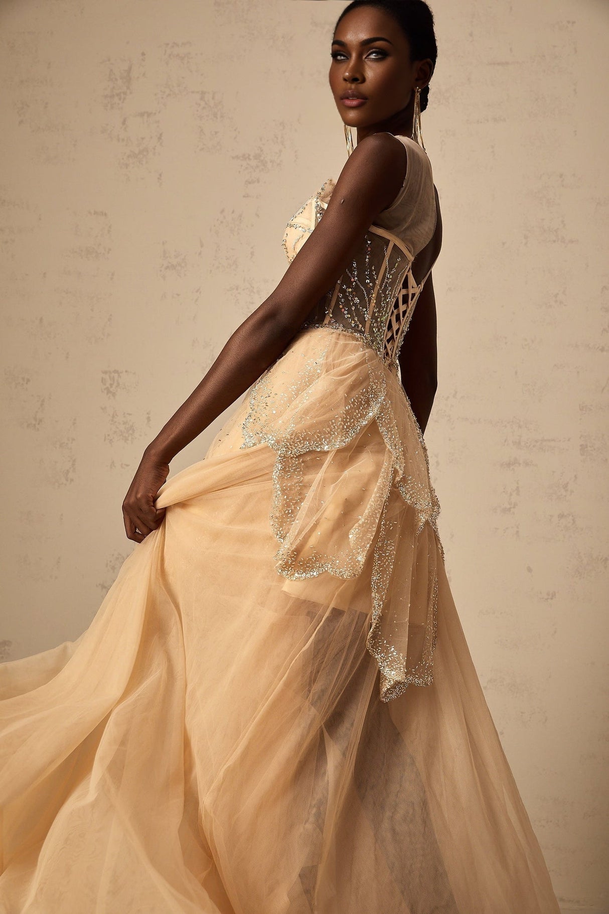 Daisy Gown - Tulle - Sequin & Bead Embellishment - High - Low Hem - Lace - Up Back - Corset Style - Train - Floor Length